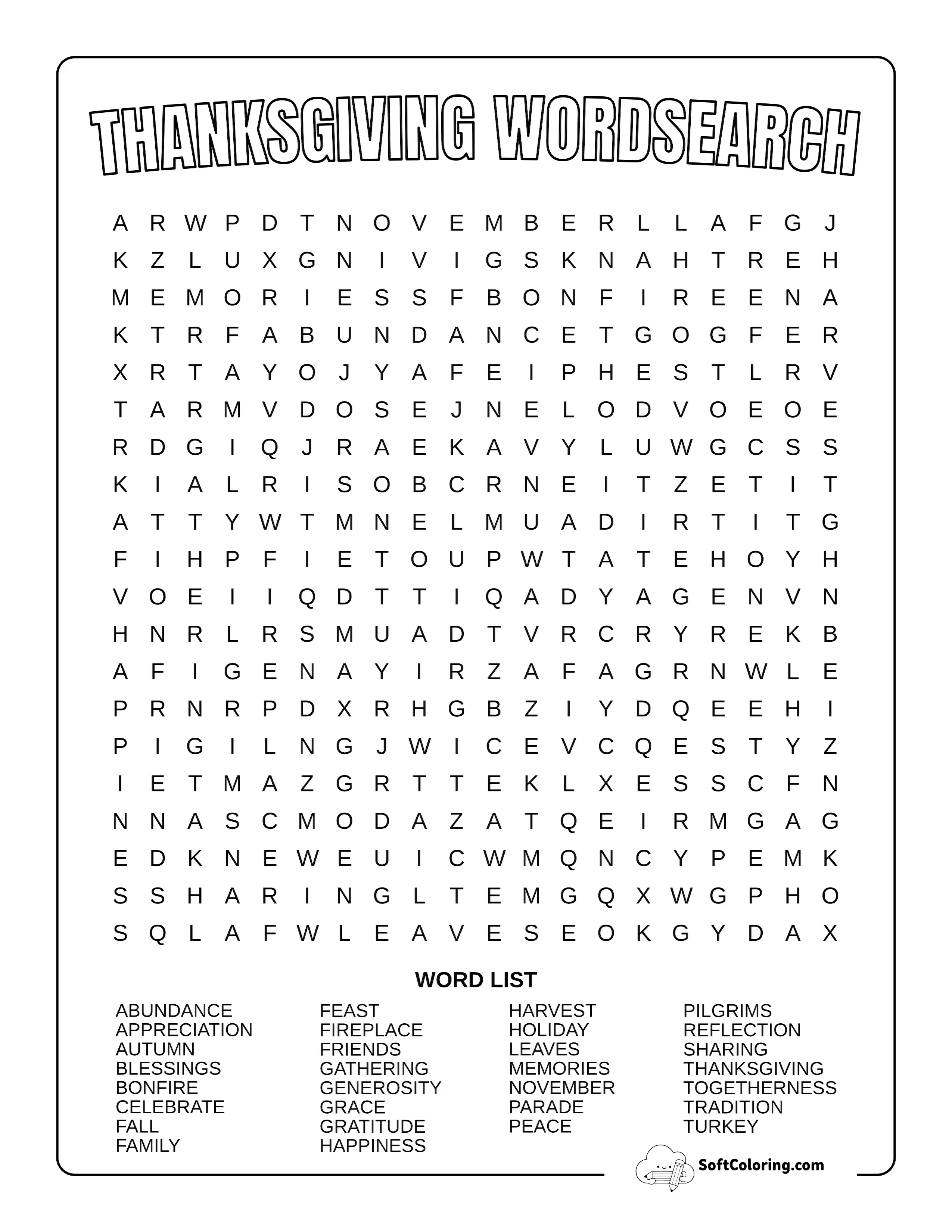 Hard Thanksgiving Word Search
