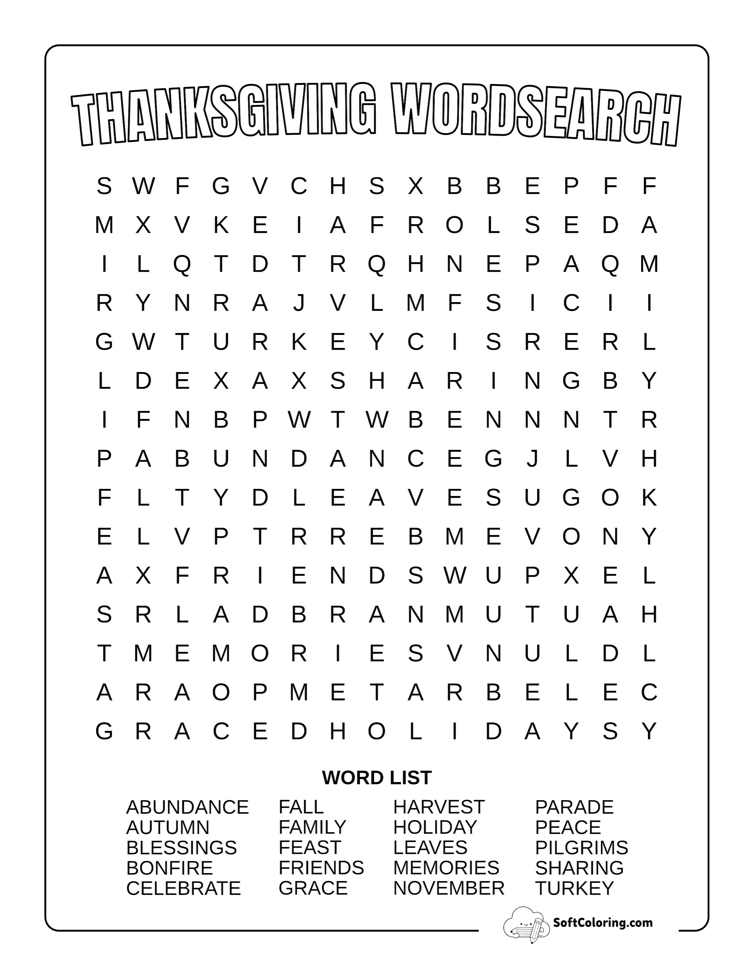 Medium Thanksgiving Word Search
