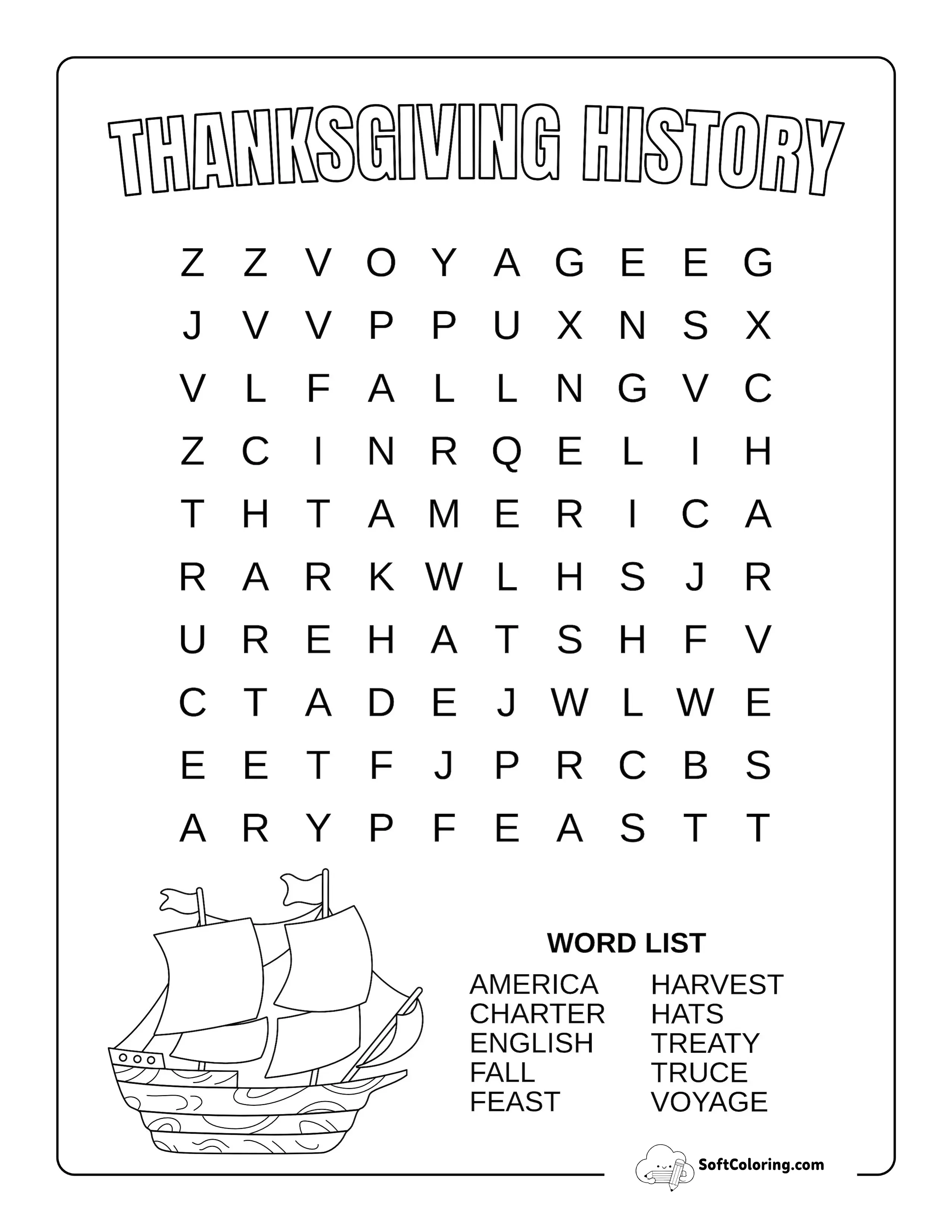Easy Thanksgiving History Word Search