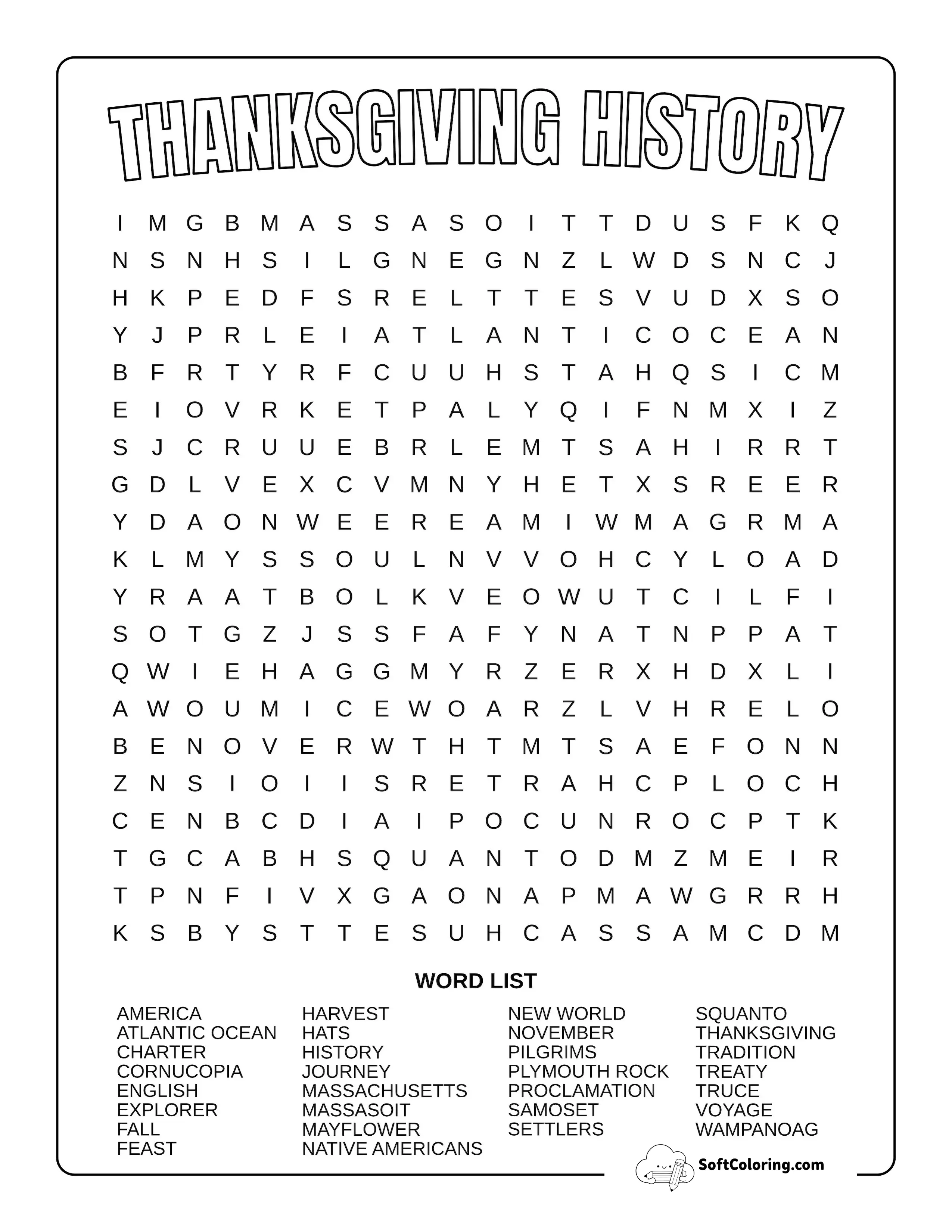 Hard Thanksgiving History Word Search