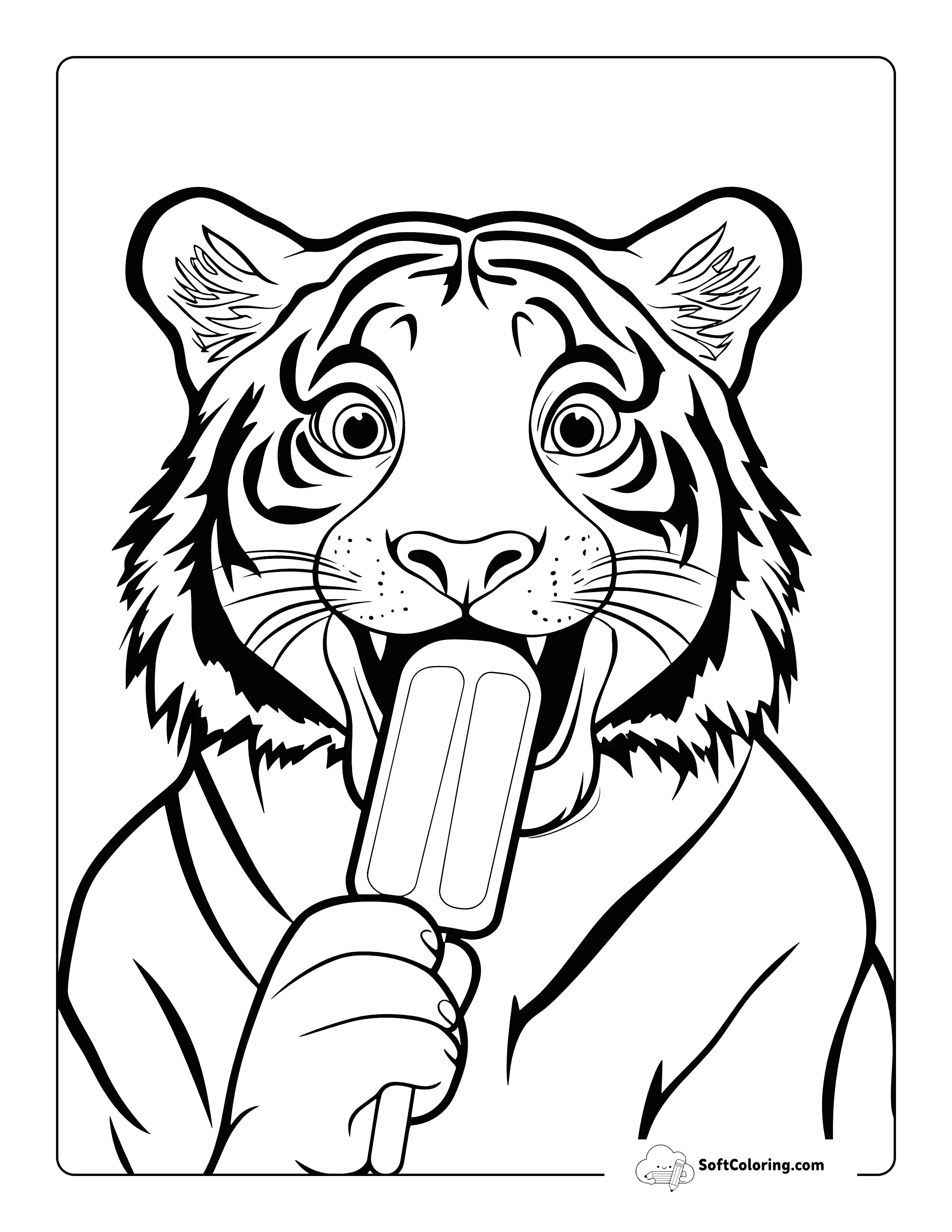 Cute Tiger With Popsicle Coloring Sheet For Kids