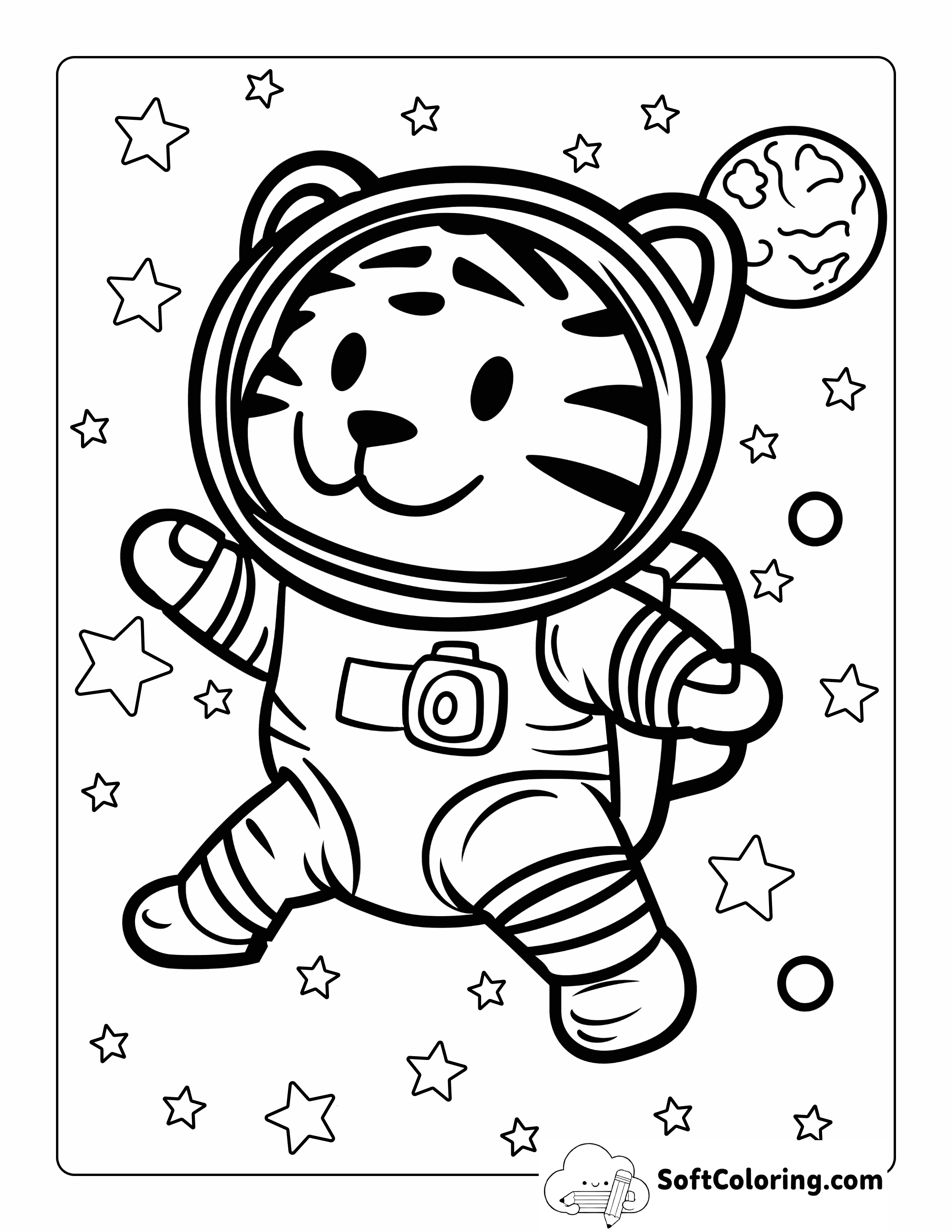 Cute Space Tiger Coloring Page for Kids