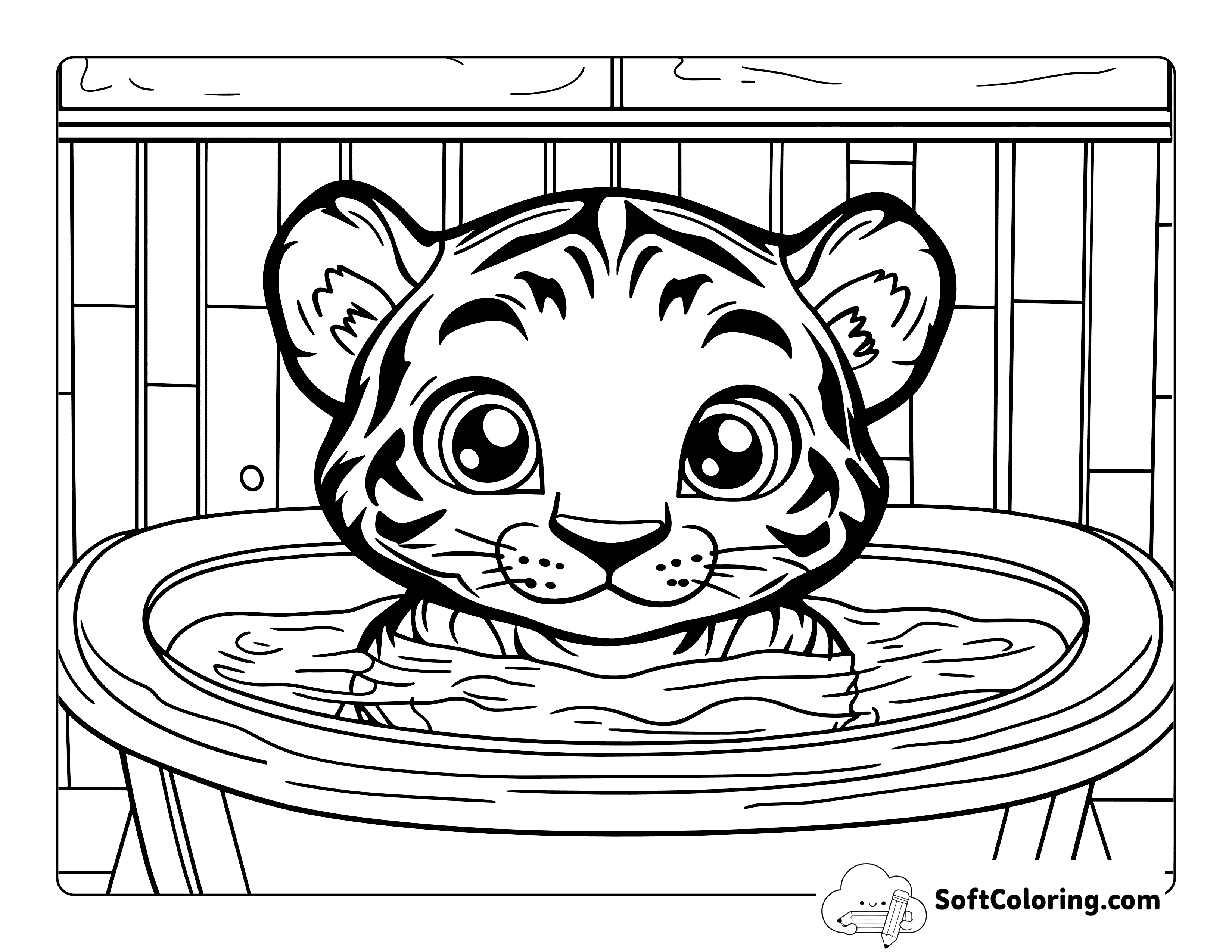 Cute Baby Tiger Cub in a Bath Coloring Sheet