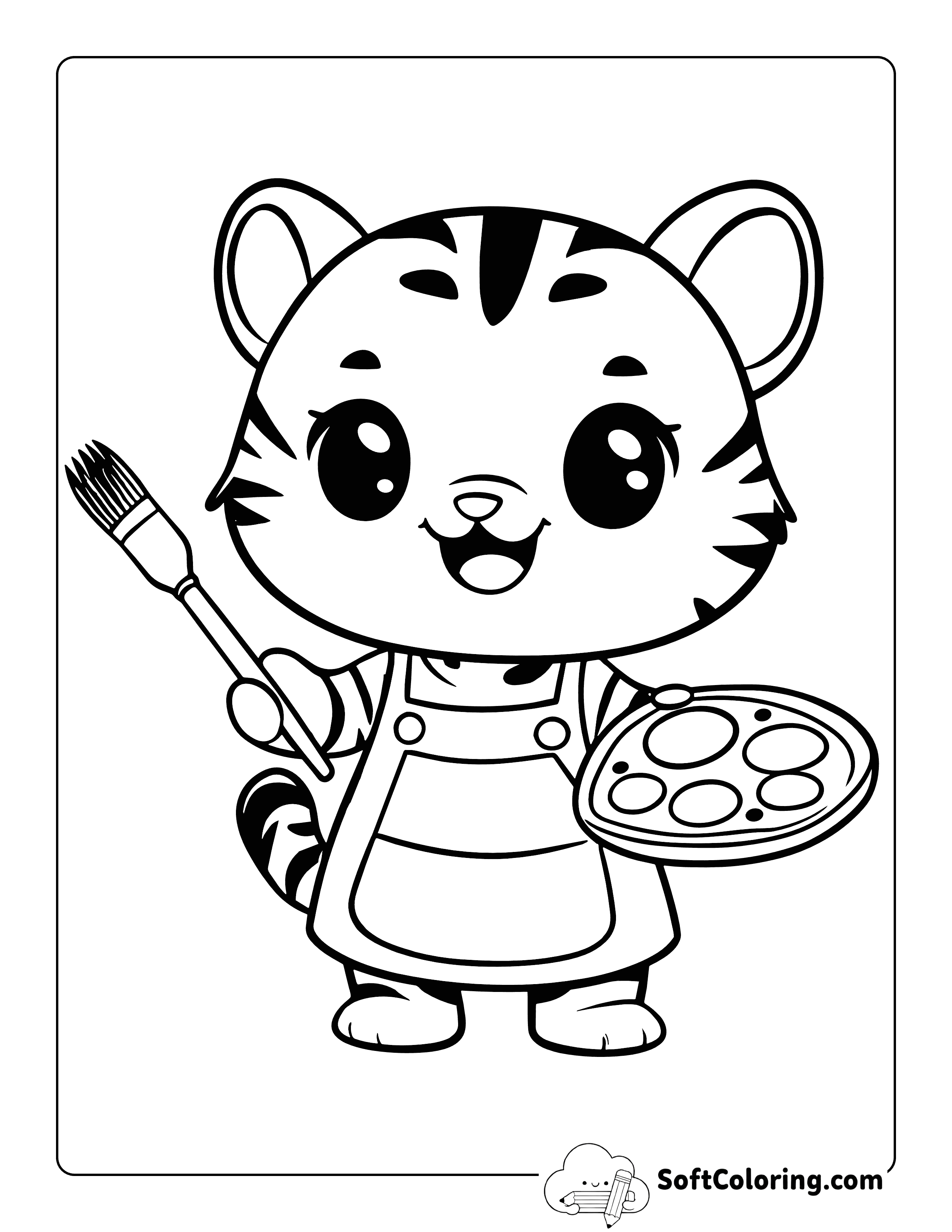 Cute Tiger Cub Painter Coloring Sheet