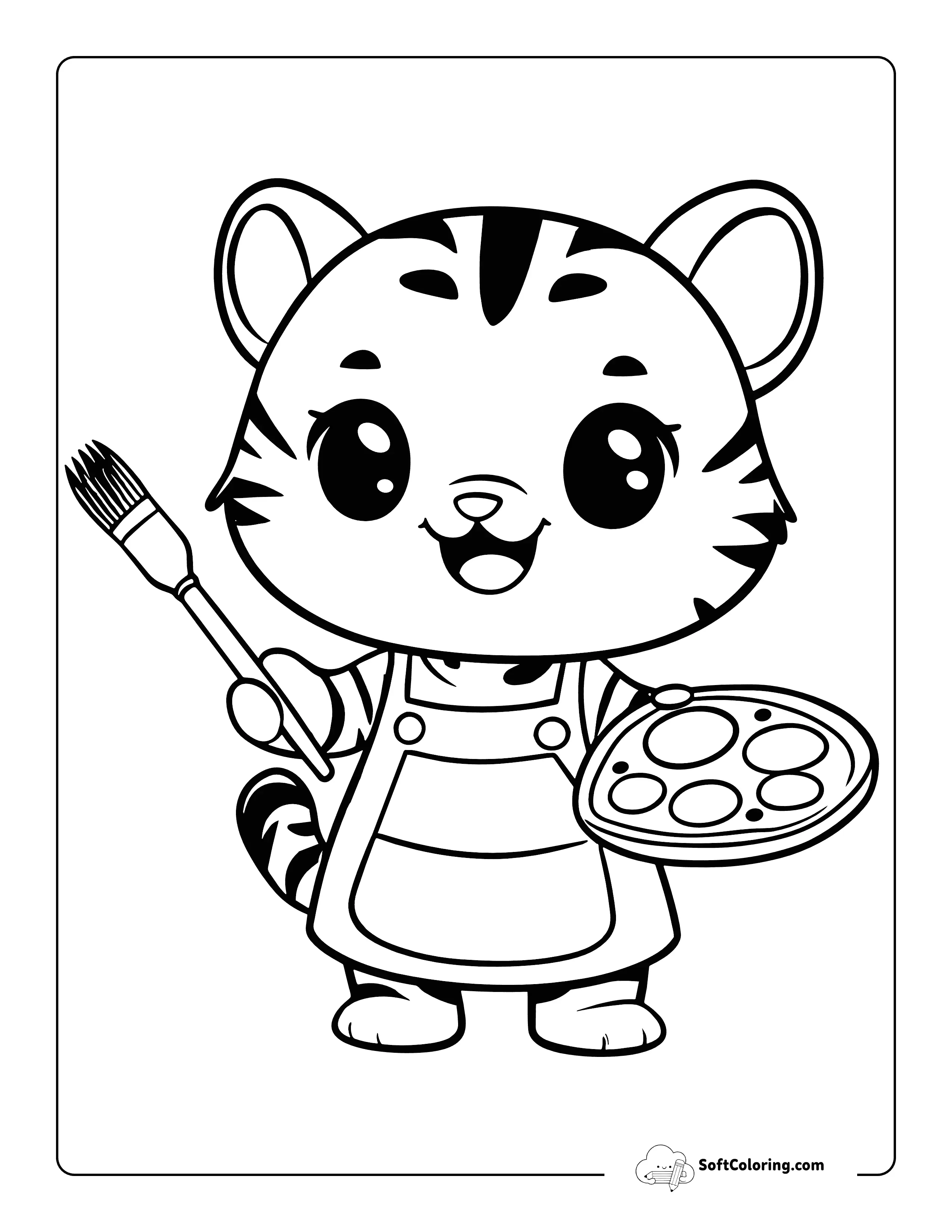 Cute Tiger Cub Painter Coloring Sheet