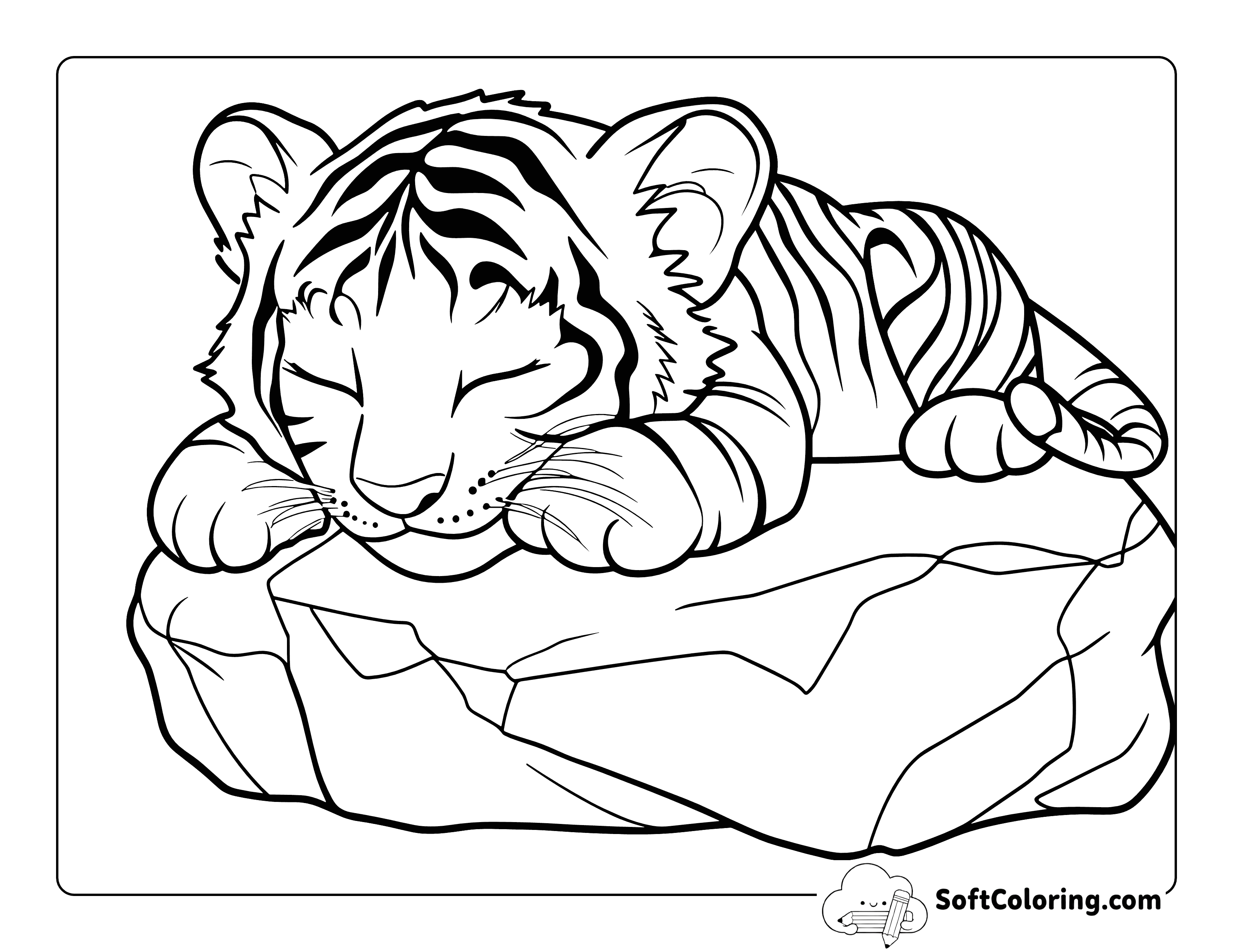 Cute Cub Napping on a Rock Printable Tiger Coloring Page