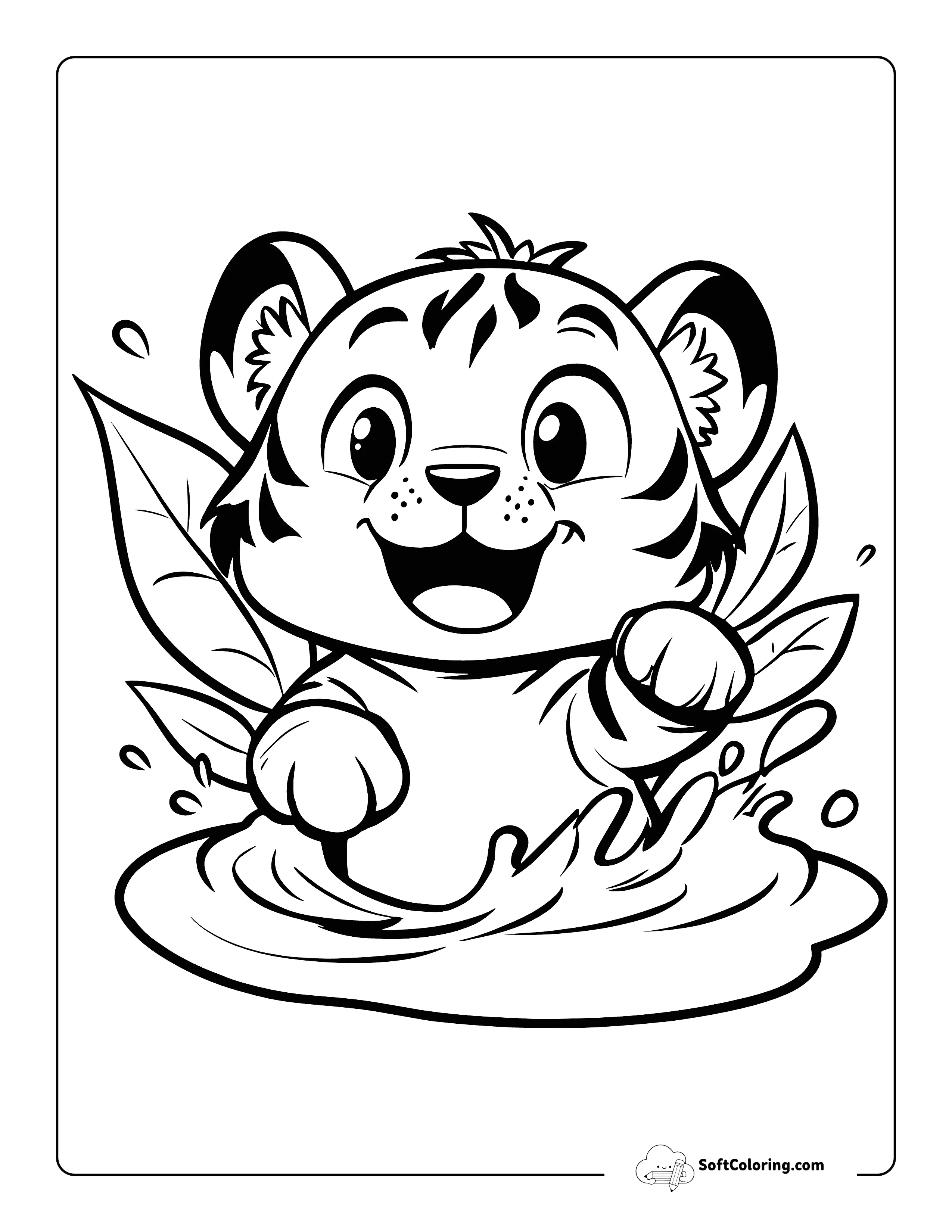 Tiger Cub In A Puddle Cute Coloring Page