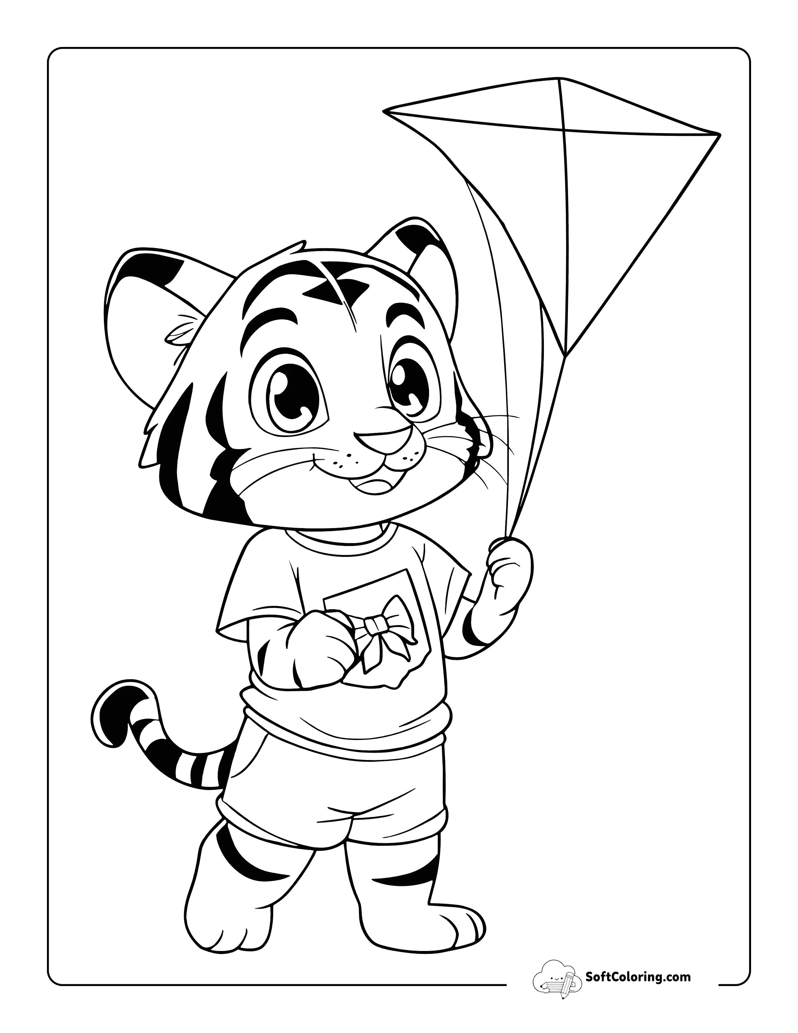 Cute Tiger Flying Kite Coloring Sheet