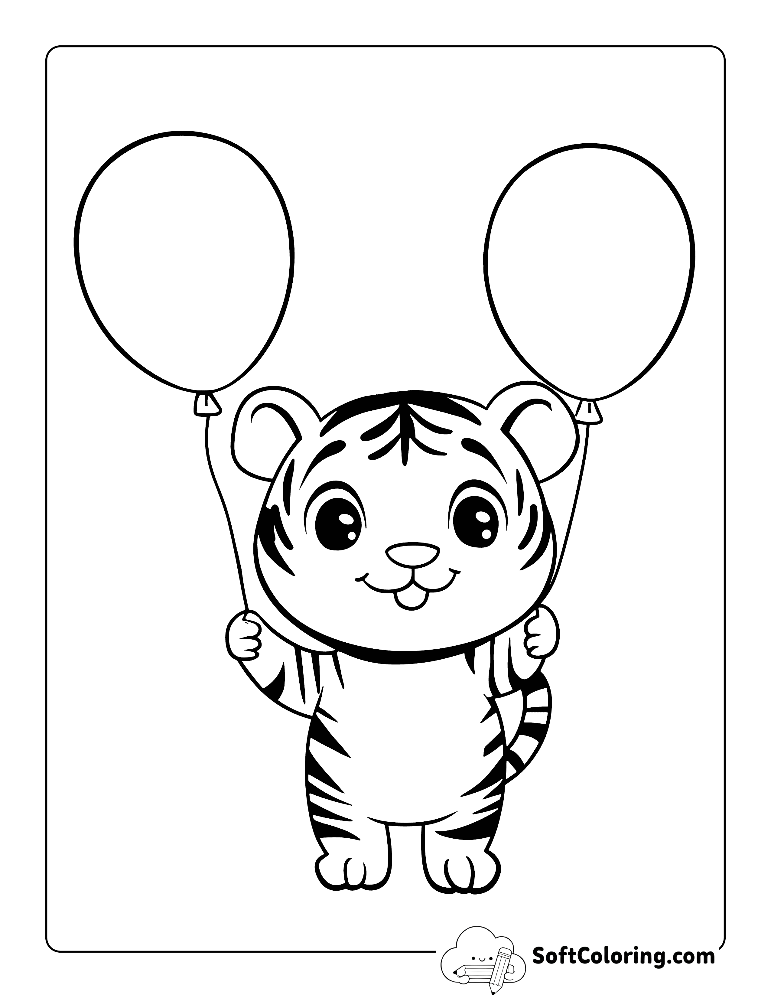 Baby Tiger with Balloons Coloring Sheet for Kids