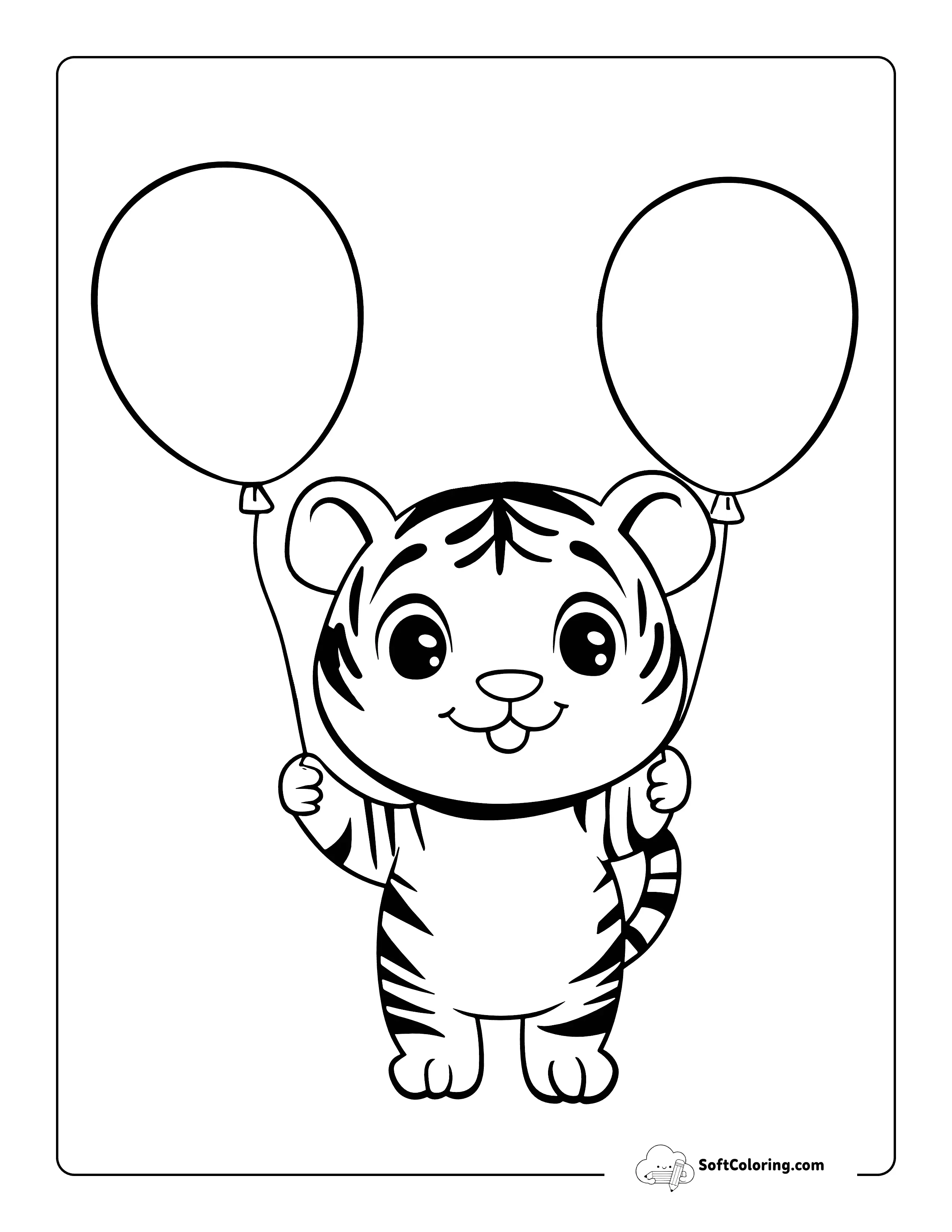 Baby Tiger With Balloons Coloring Sheet For Kids