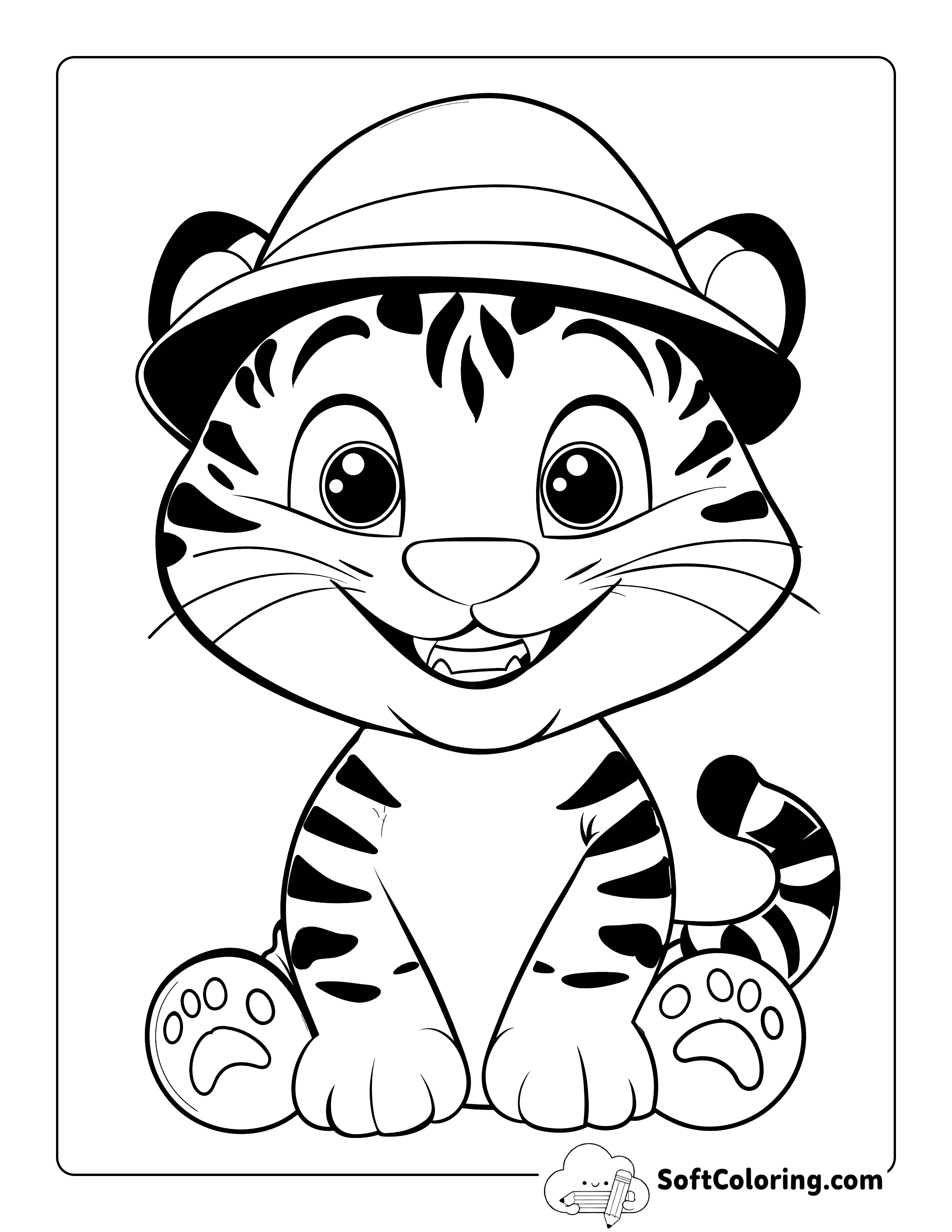 Cute Tiger in a Safari Hat Coloring Page