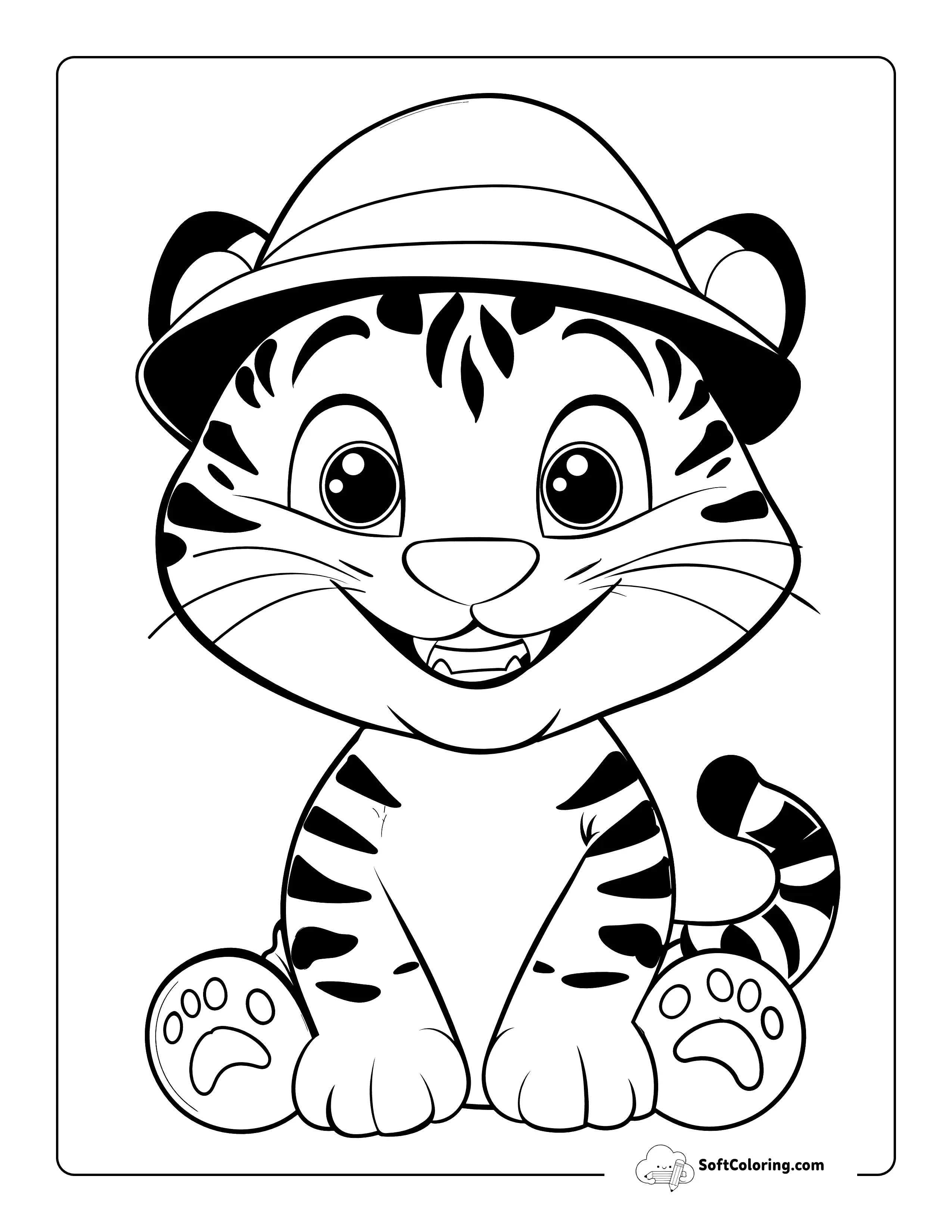 Cute Tiger In A Safari Hat Coloring Page