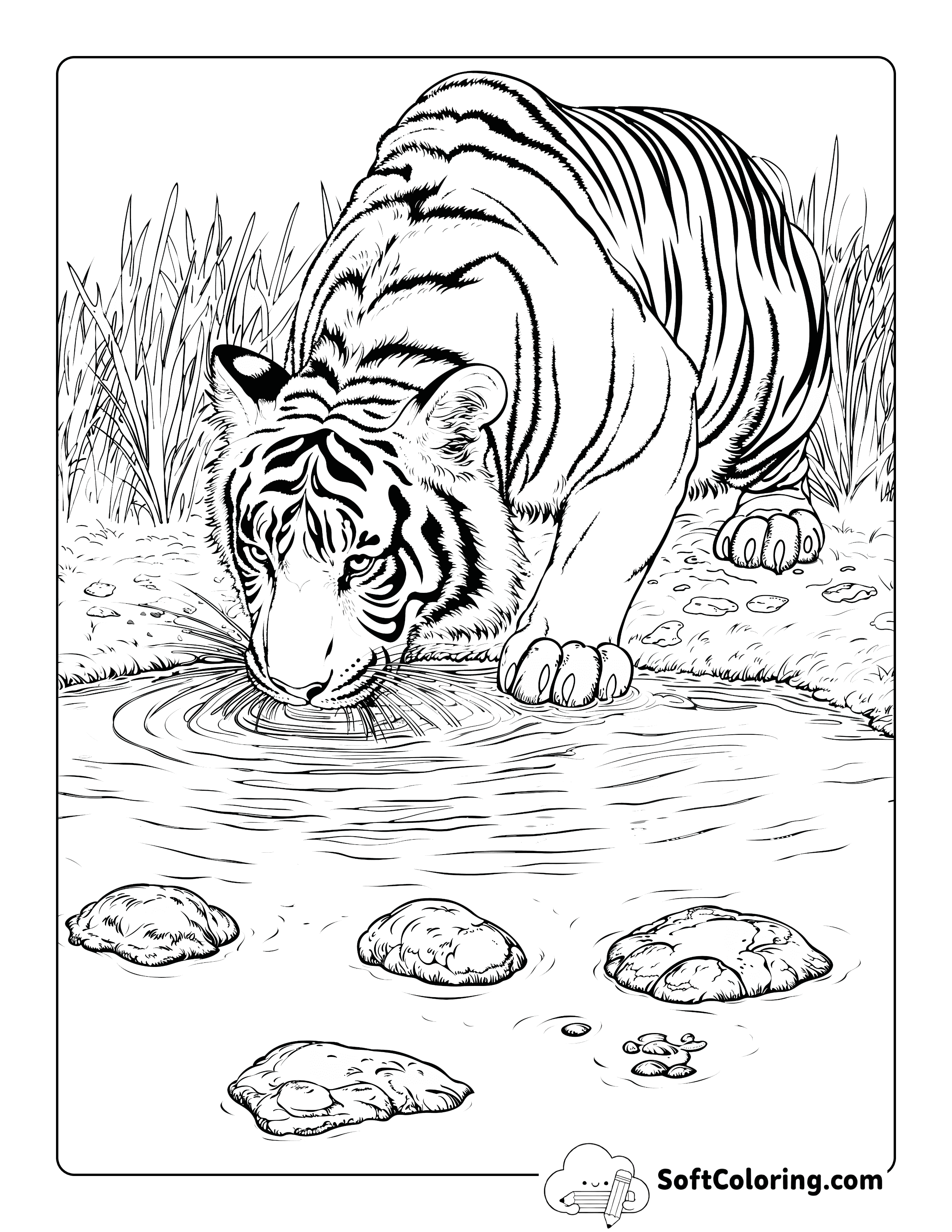 Realistic Tiger Drinking Water Coloring Page Printable