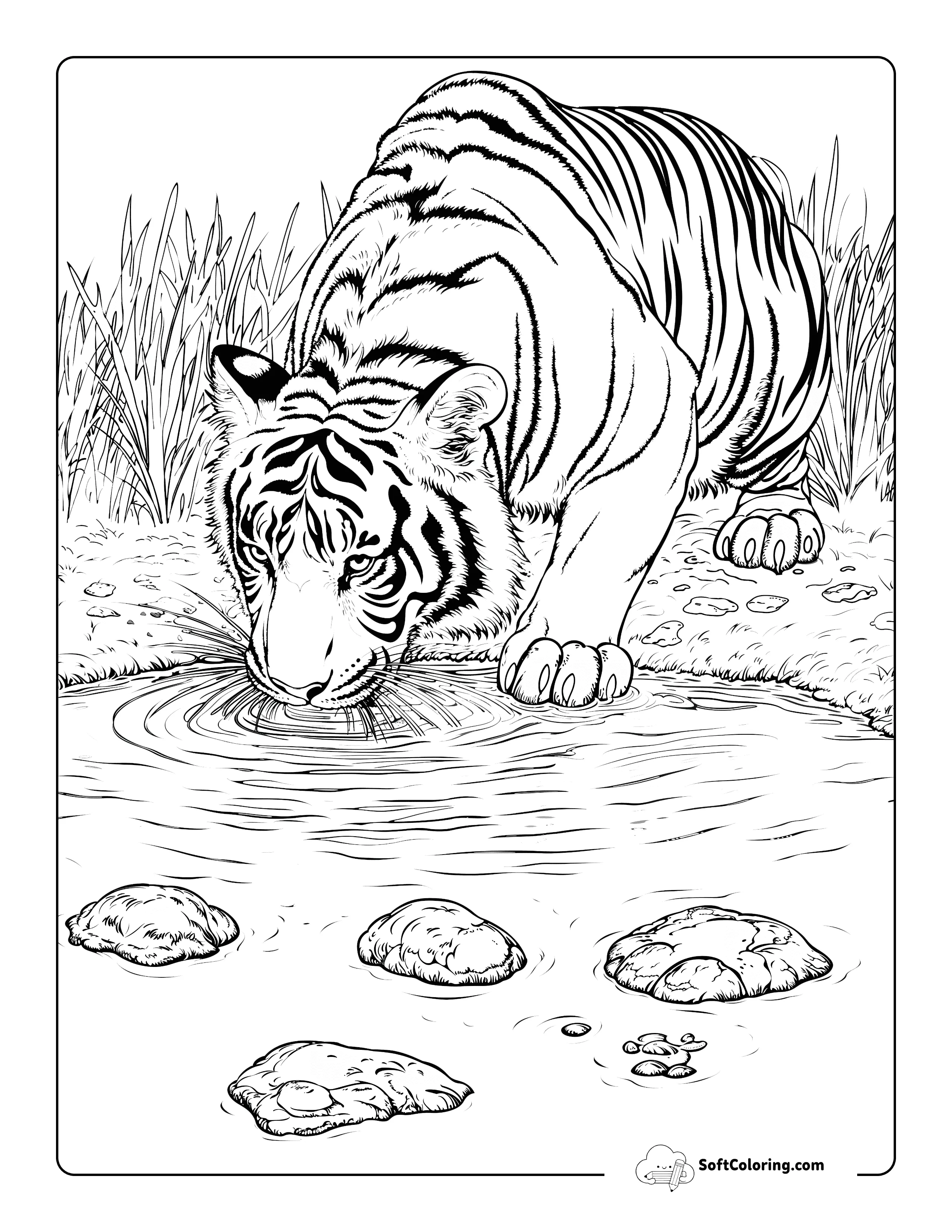 Realistic Tiger Drinking Water Coloring Page Printable