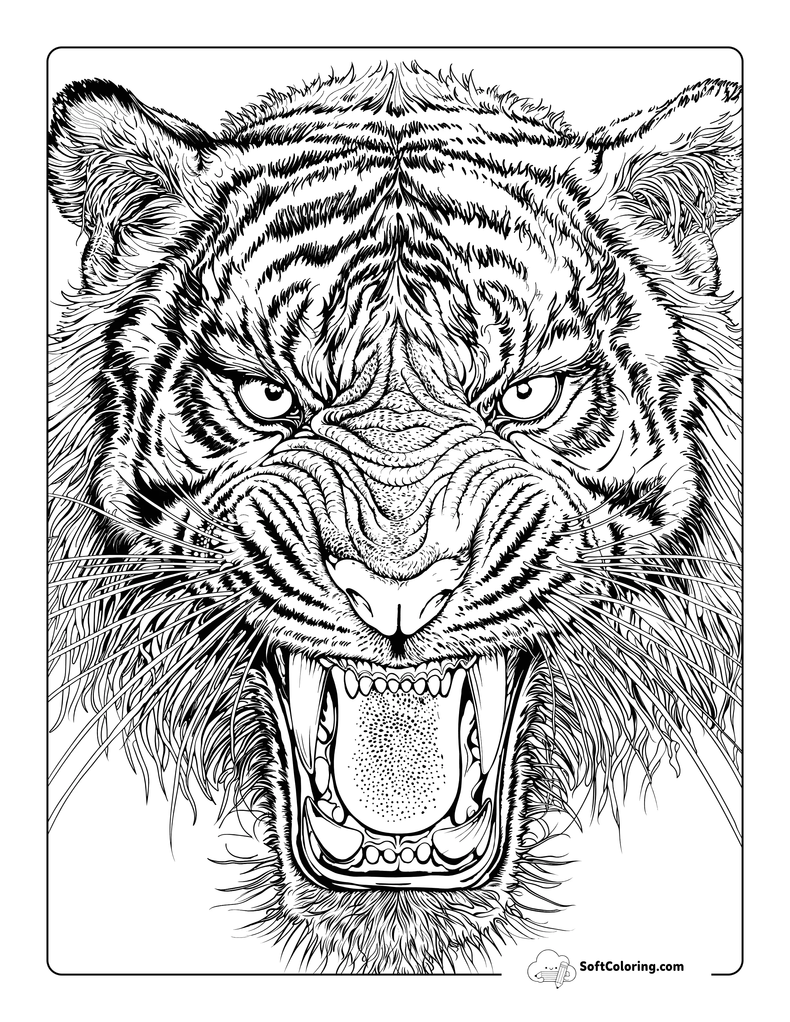 Detailed Realistic Roaring Tiger Coloring Sheet For Adults
