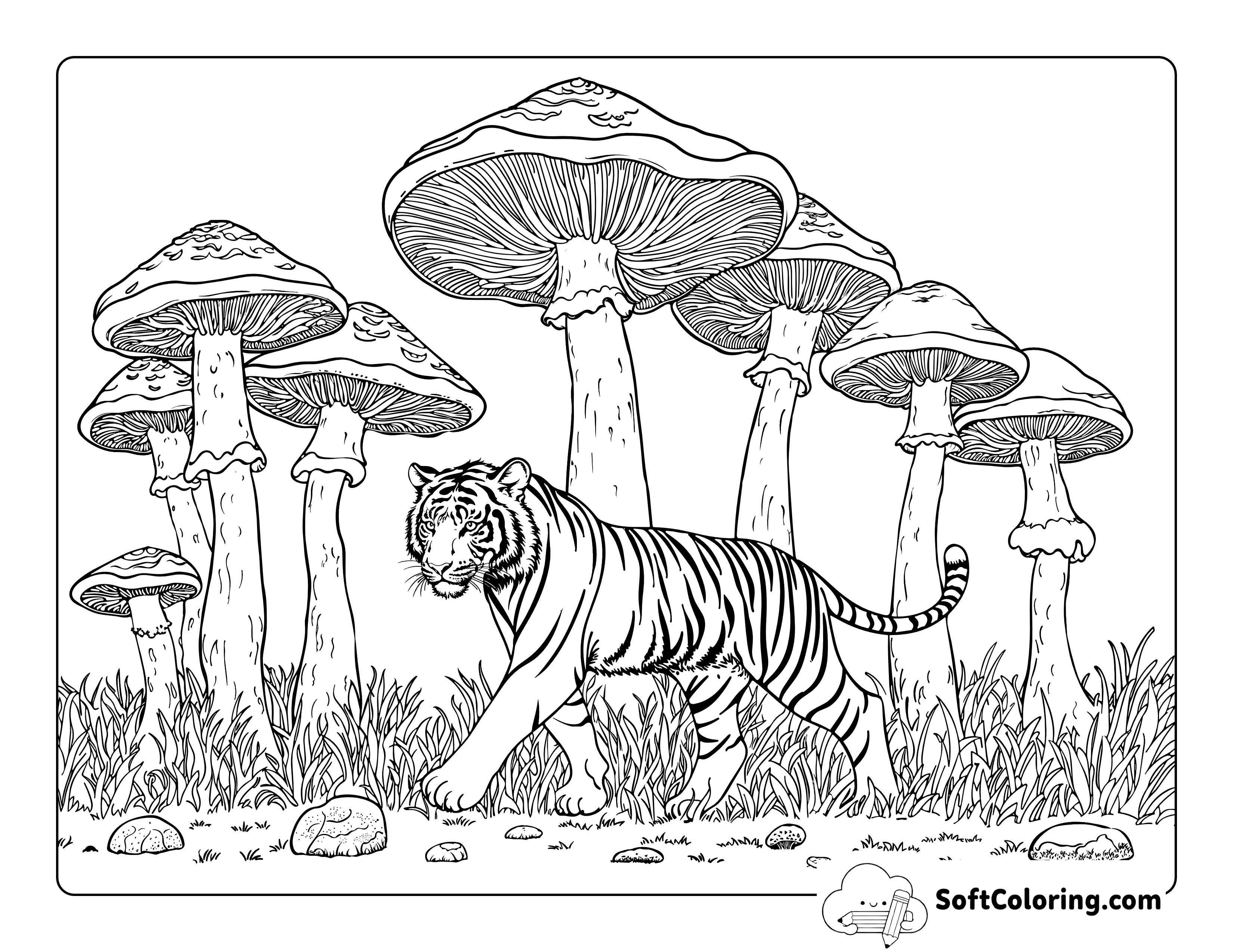 Whimsical Realistic Giant Mushroom Forest Printable Tiger Coloring Page