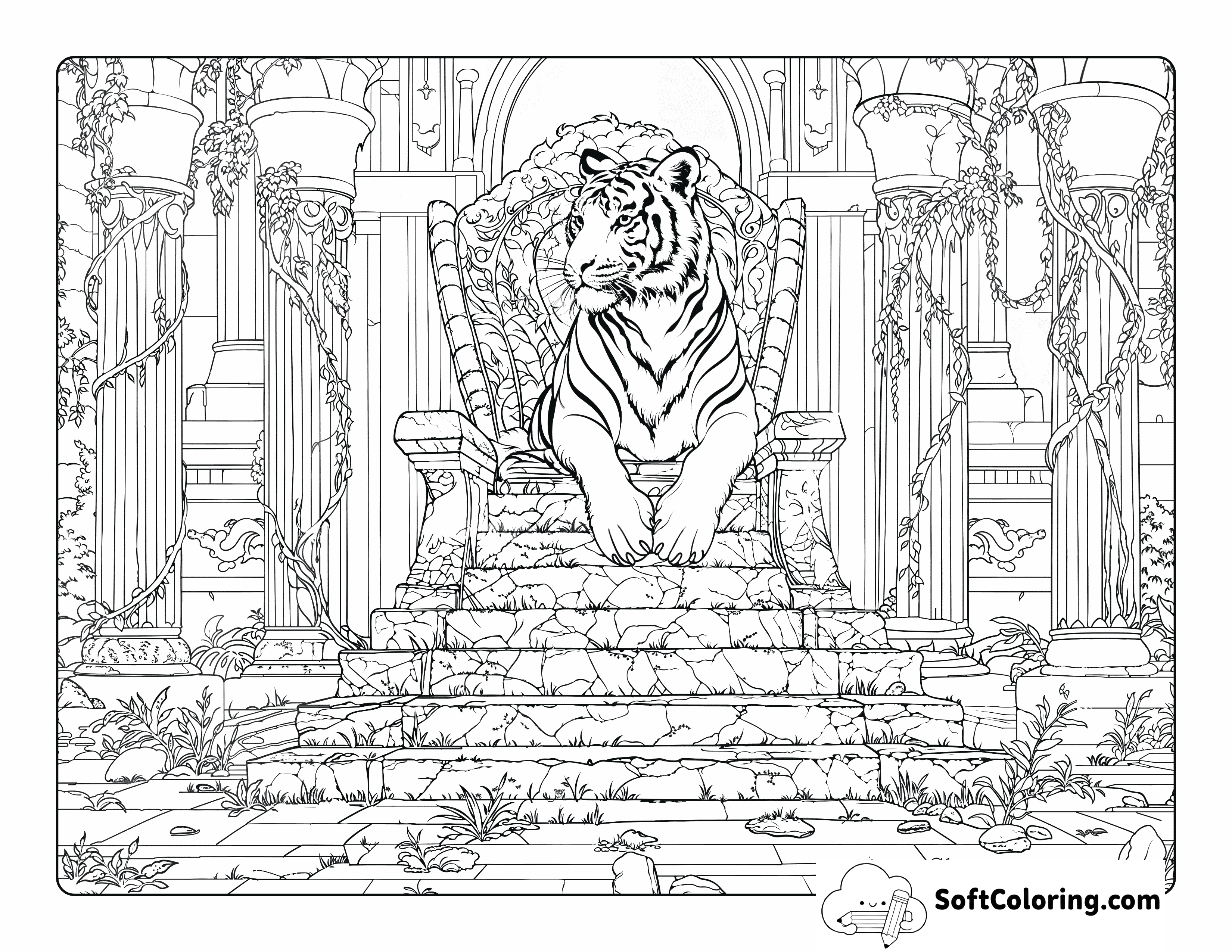 Realistic Tiger on Ornate Throne Coloring SHeet for Adults
