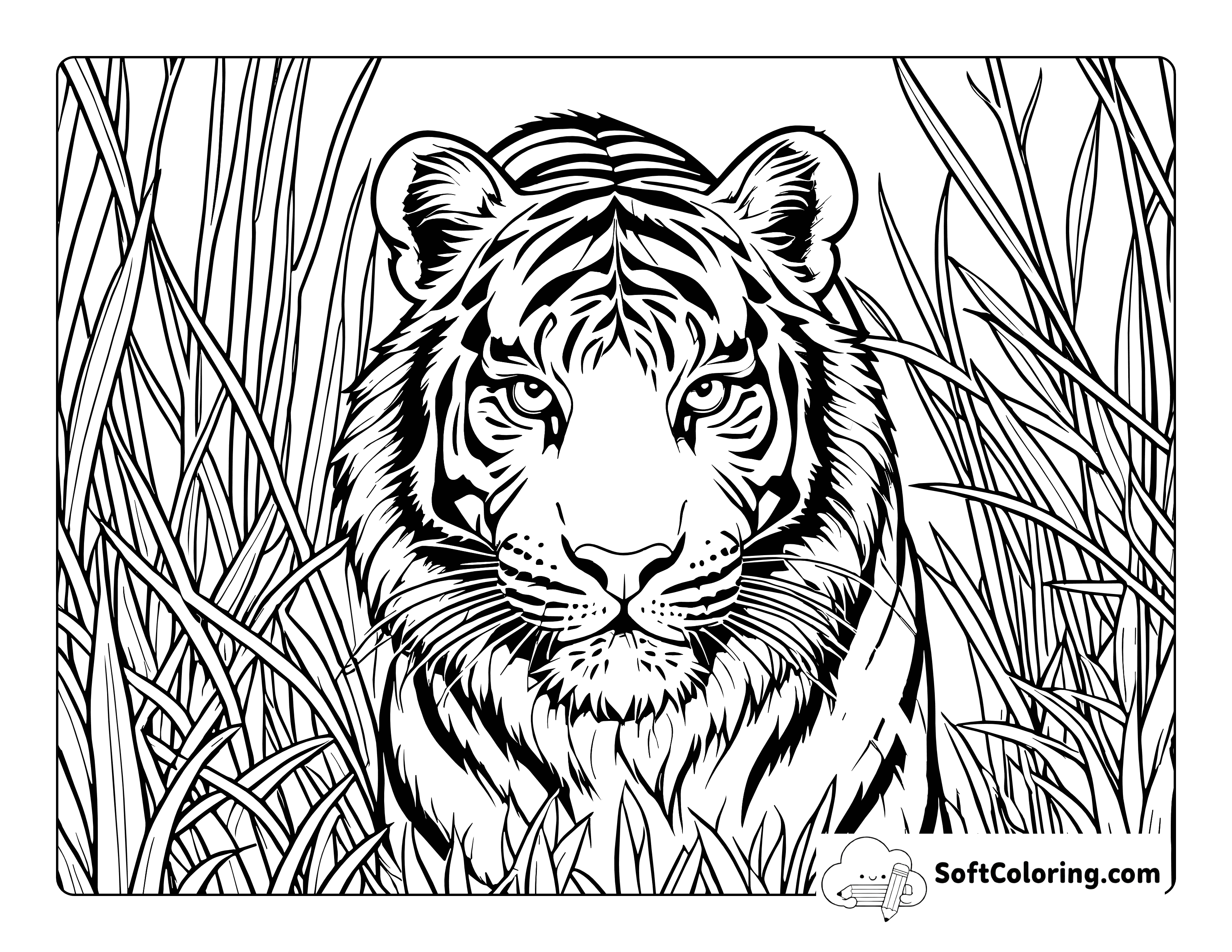 Realistic Printable Tiger in Tall Grass Coloring Page
