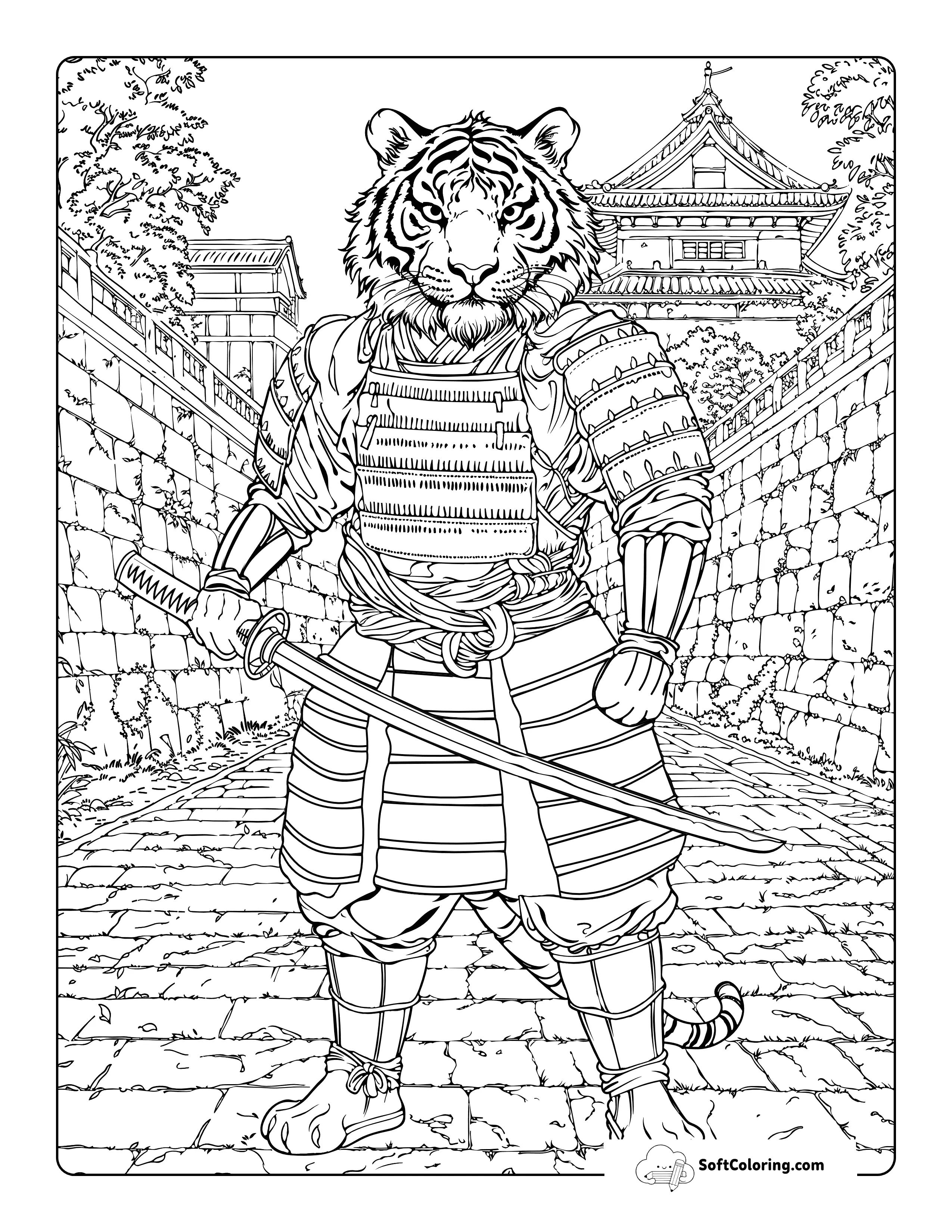 Realistic Samurai Tiger Coloring Page Printable