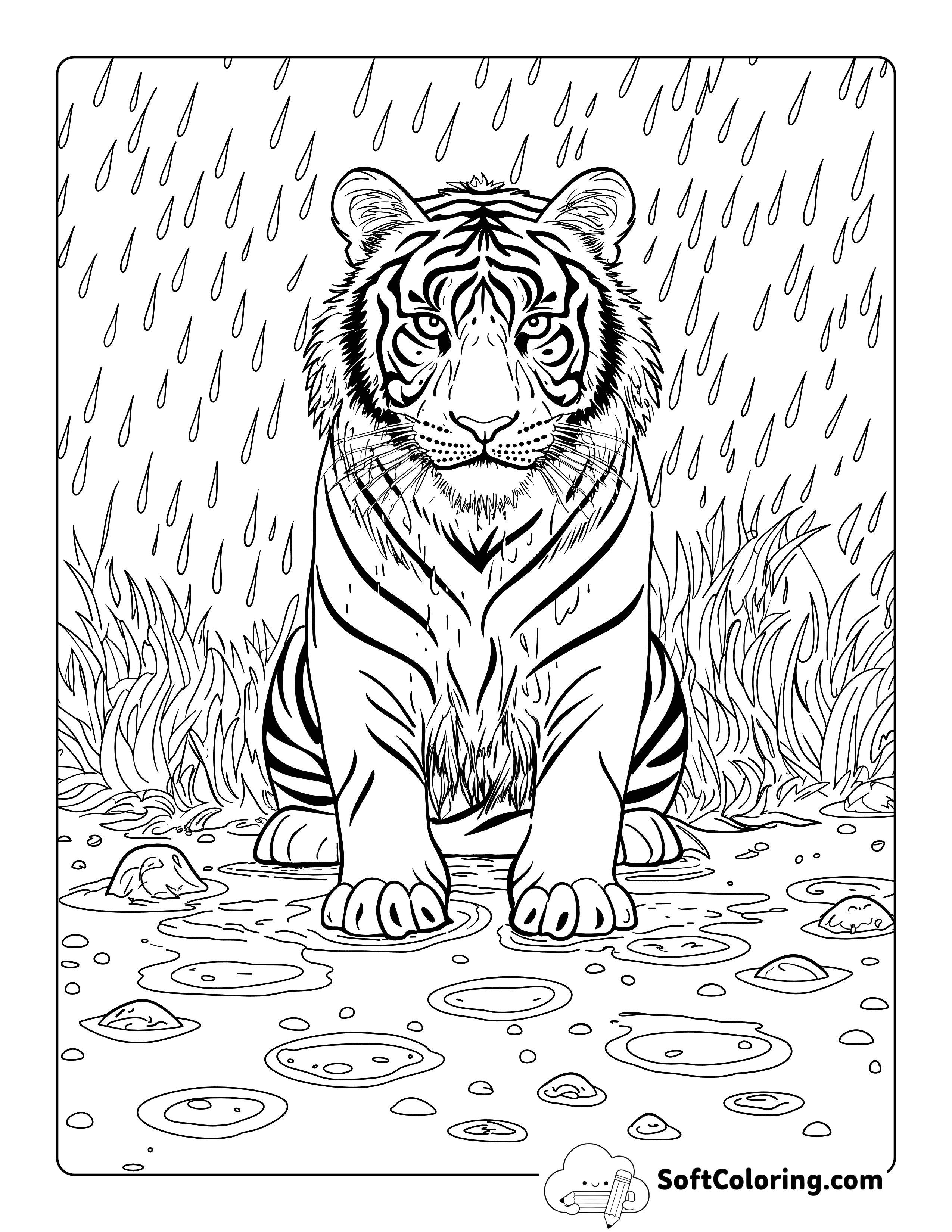 Cute Realistic Tiger in the Rain Coloring Sheet