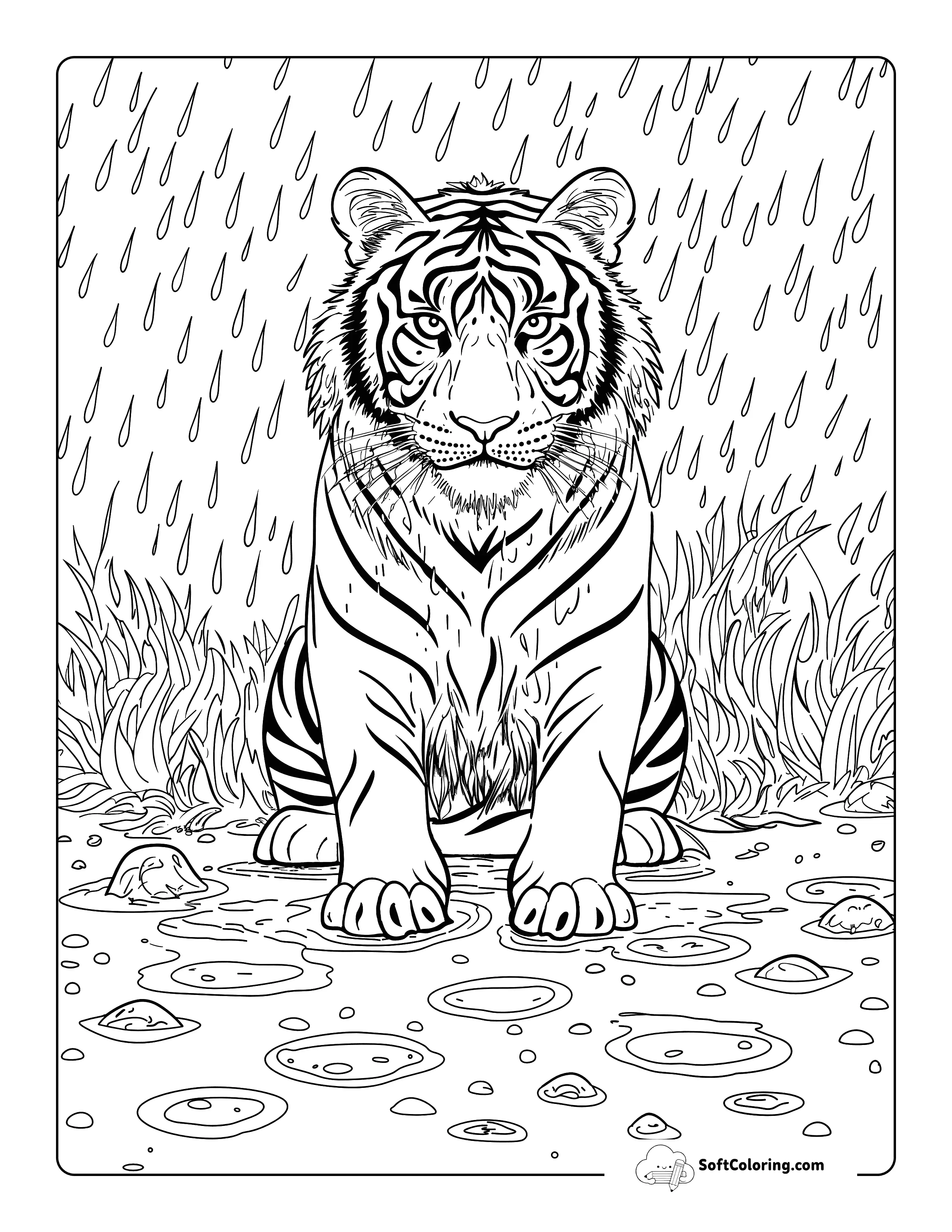 Cute Realistic Tiger In The Rain Coloring Sheet