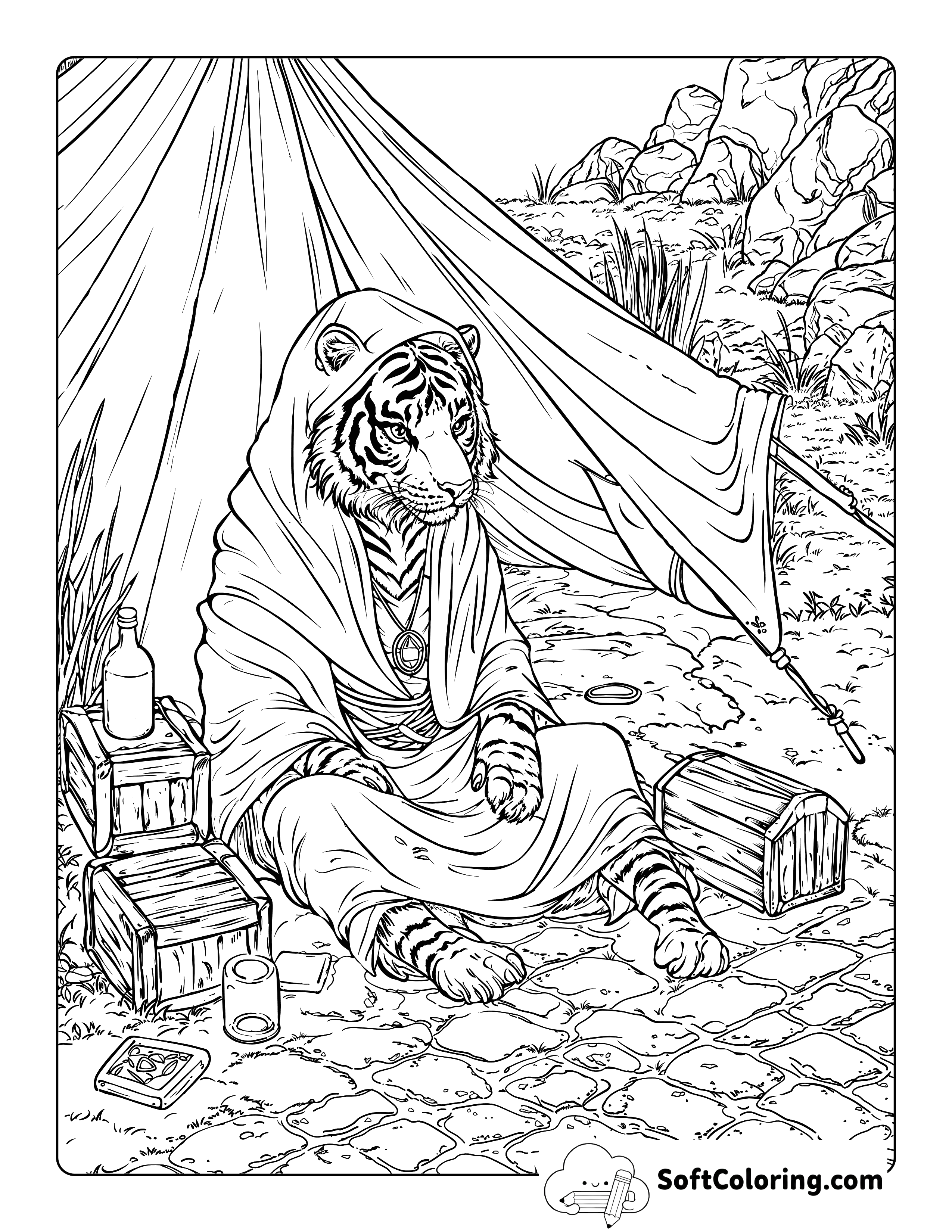 Realistic Tiger Traveling Merchant Coloring Page