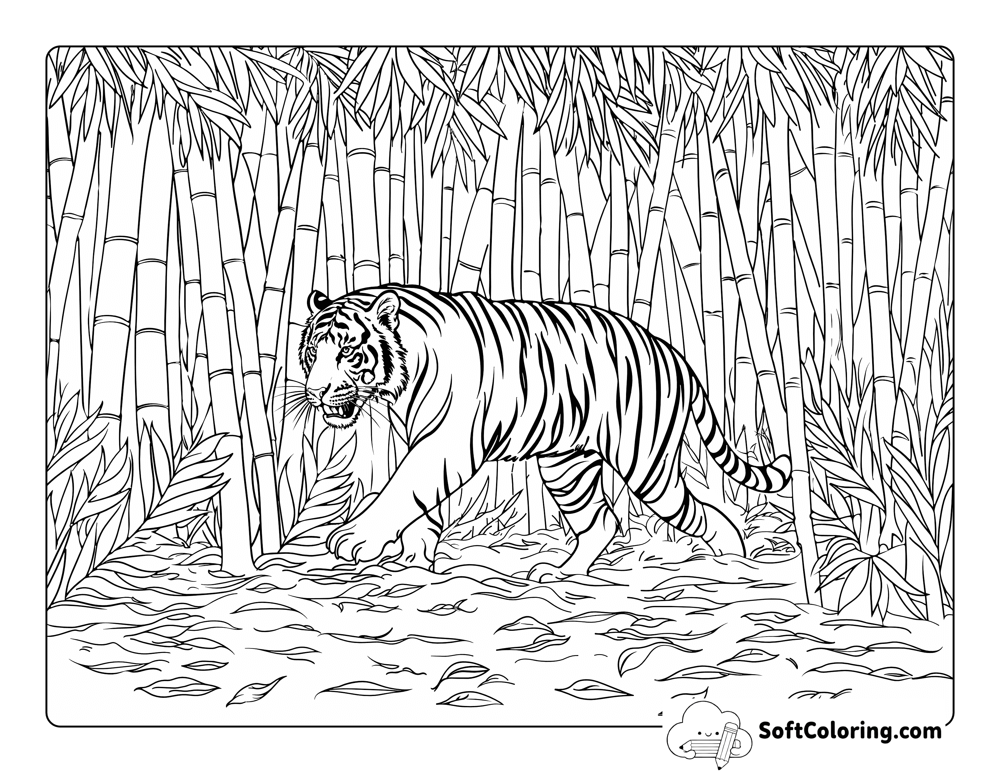Realistic Tiger in a Bamboo Forest Coloring Sheet for Adults
