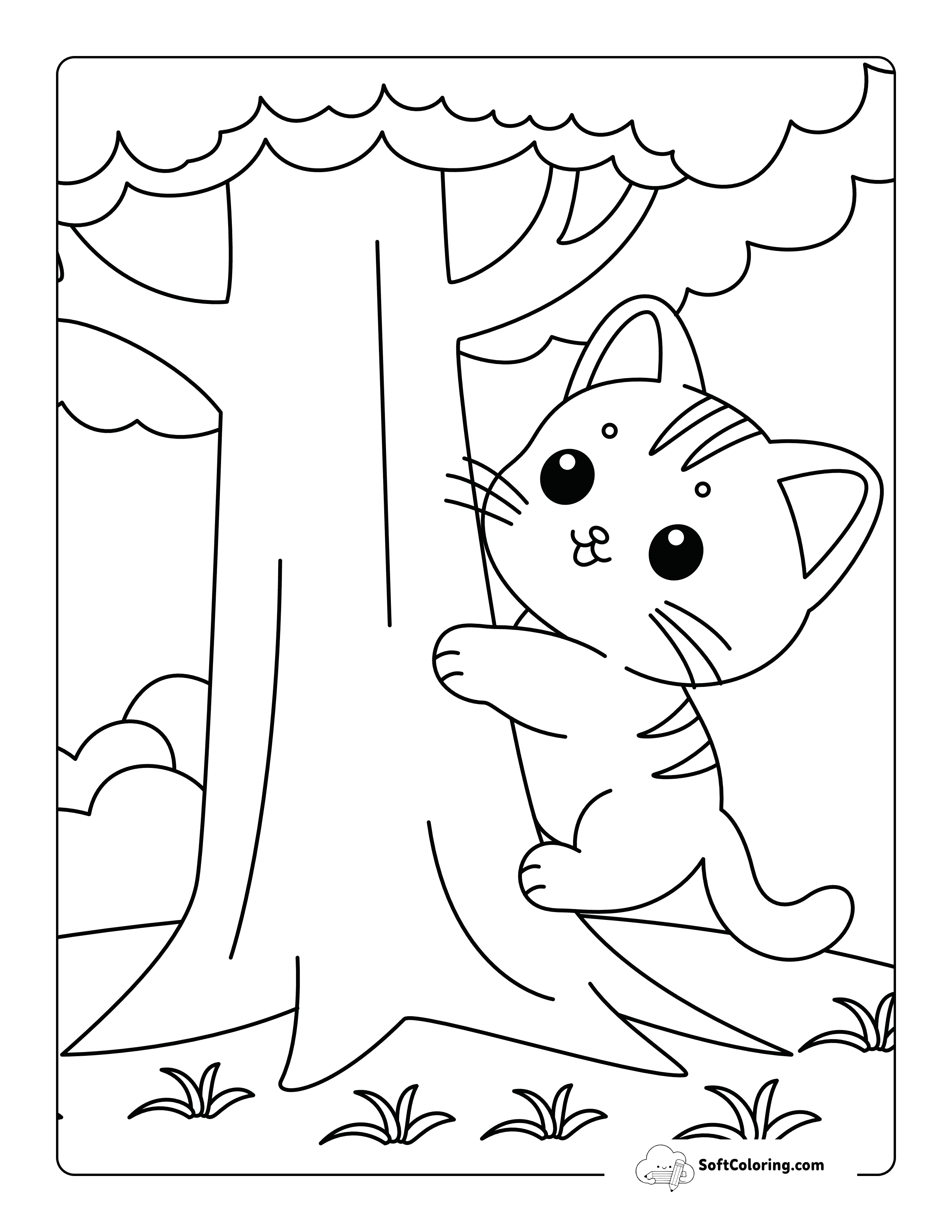 Cute Easy Cat And Tree Coloring Page For Kids
