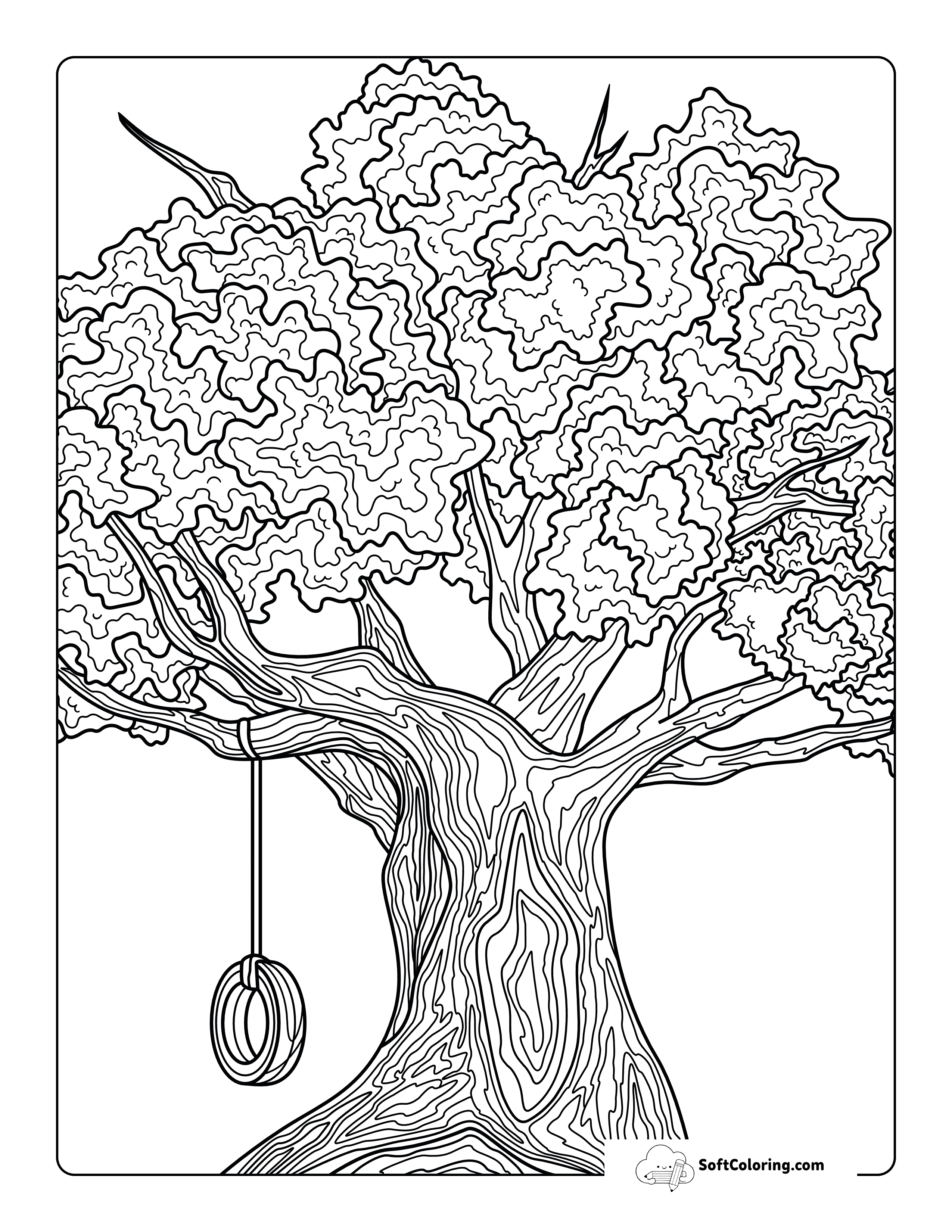 Realistic Oak Tree Tire Swing Coloring Sheet For Adults