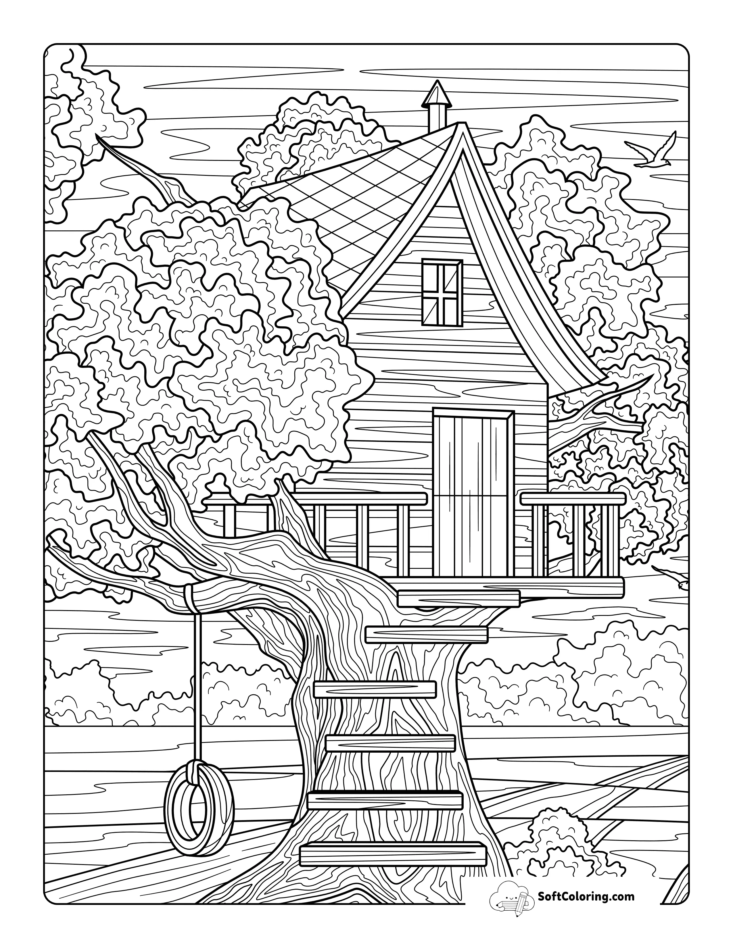 Realistic Oak Tree House Coloring Page For Adults