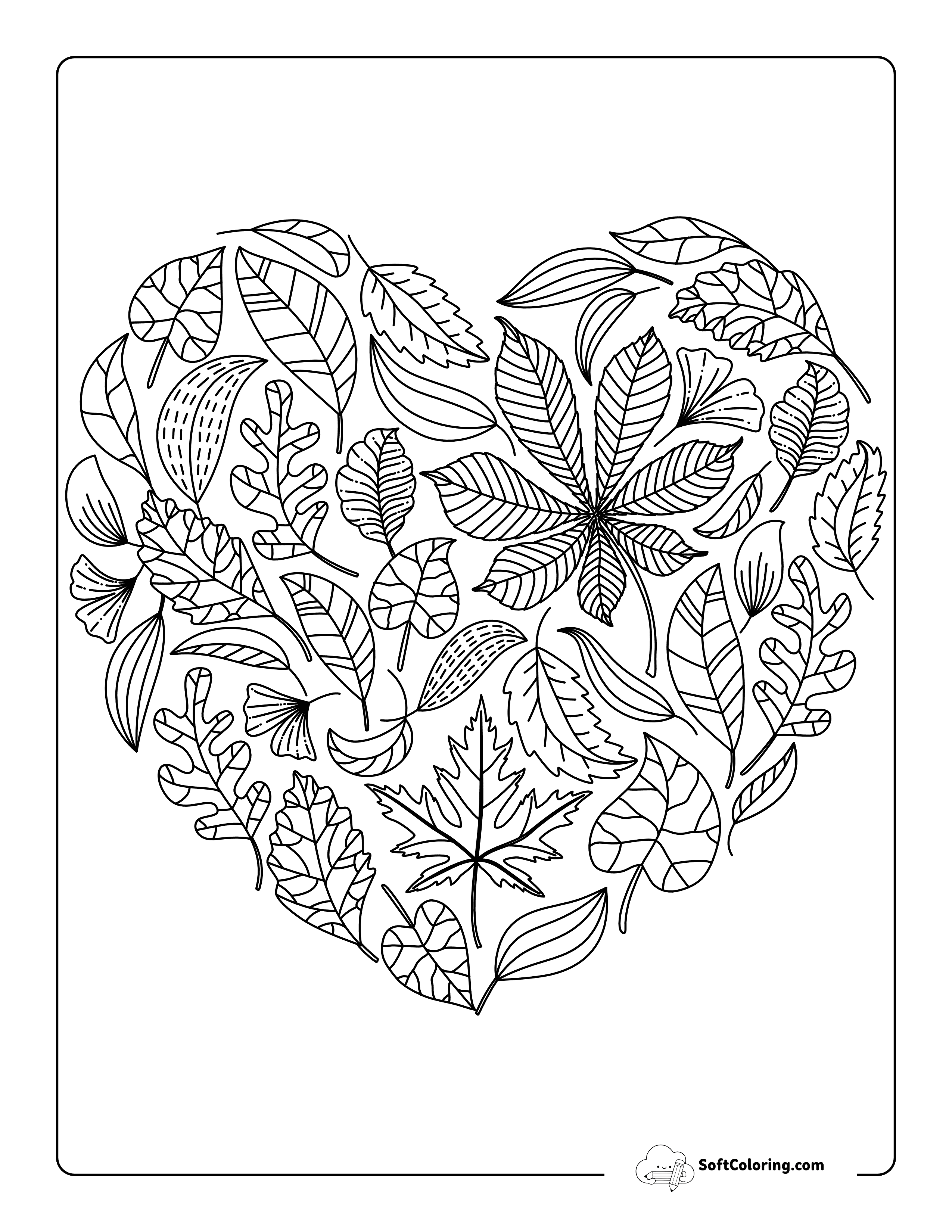 Realistic Tree Leaves Heart Drawing Printable To Color