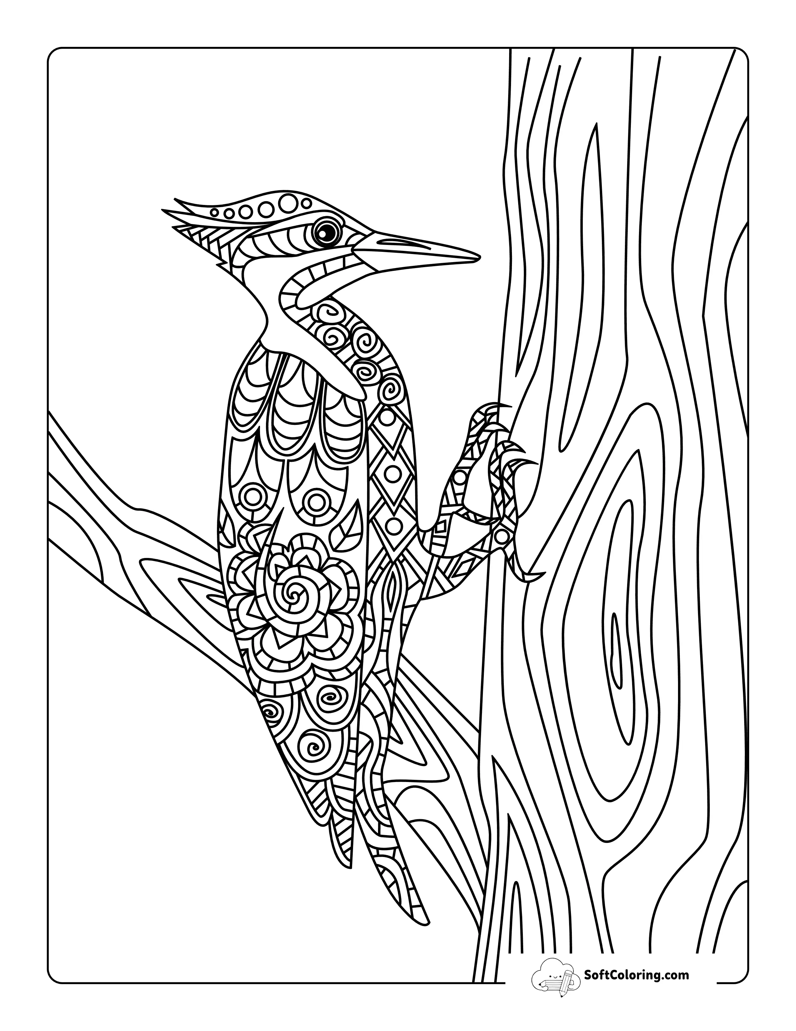 Realistic Woodpecker Zentangle Tree Coloring Sheet