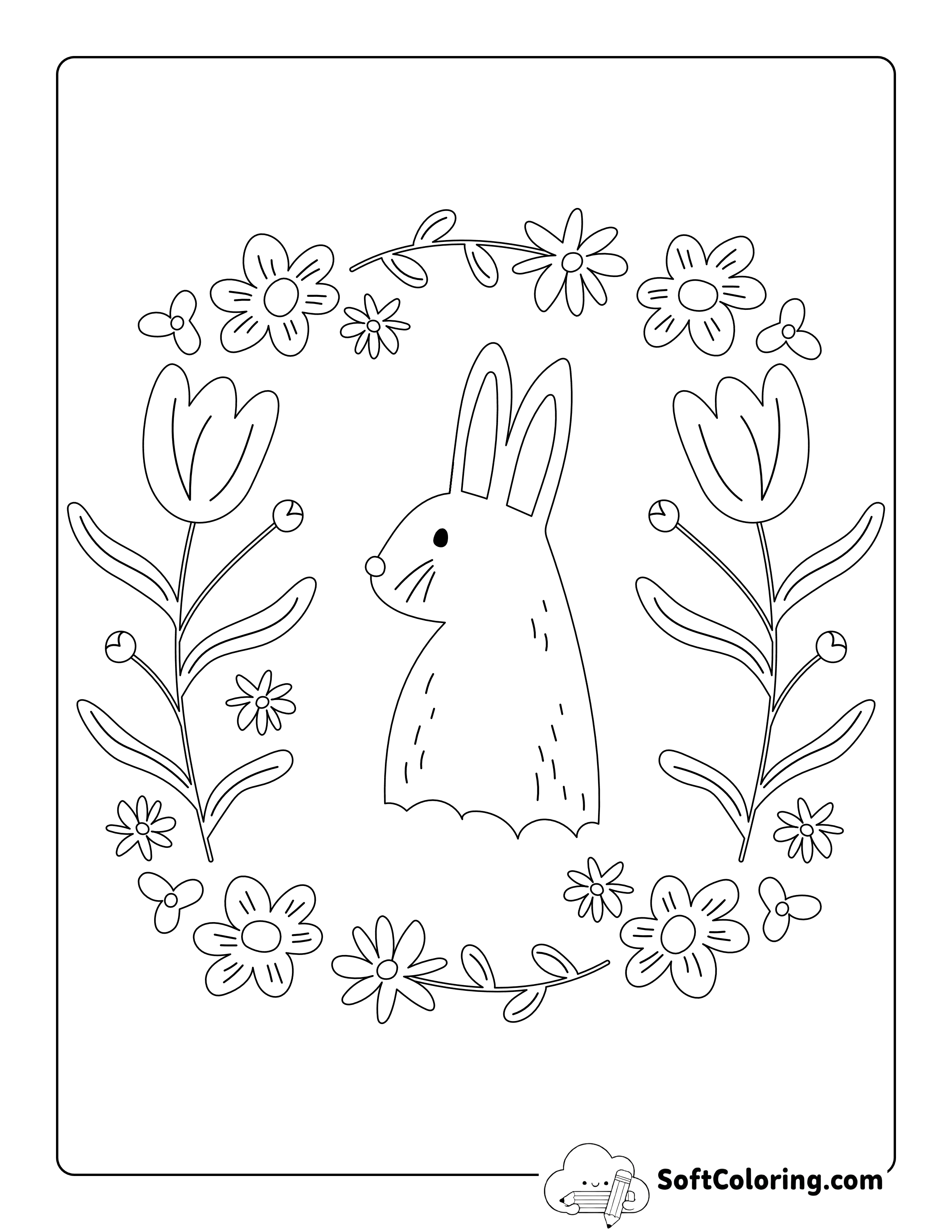 Simple Bunny with Spring Tulip Coloring Sheet