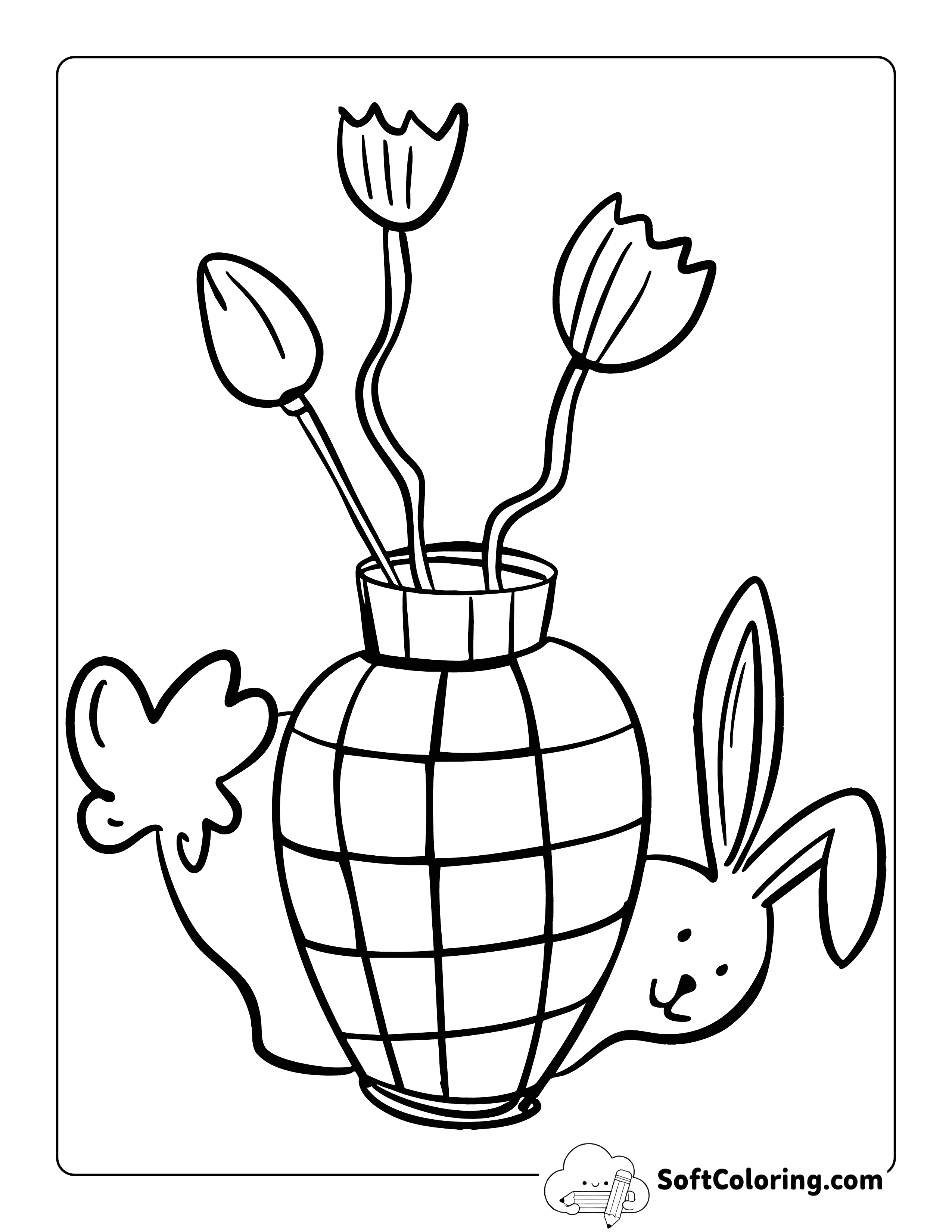 Cute Bunny with Vase of Tulips Coloring Sheet