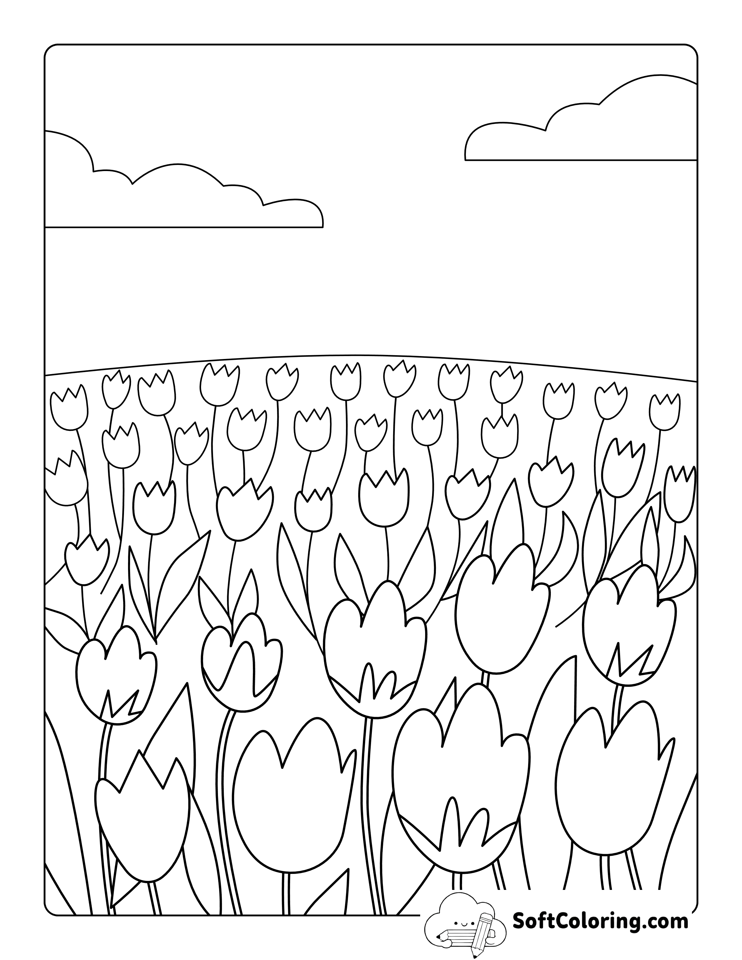 Garden of Simple Tulip Outlines Coloring Page