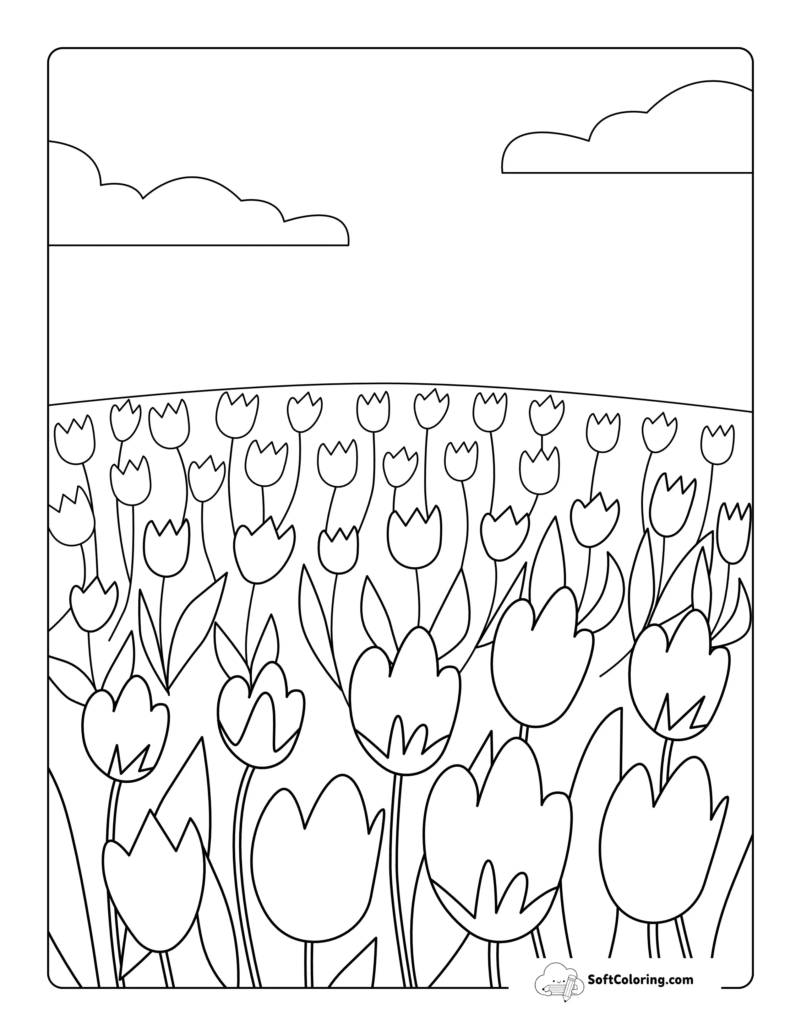 Garden Of Simple Tulip Outlines Coloring Page