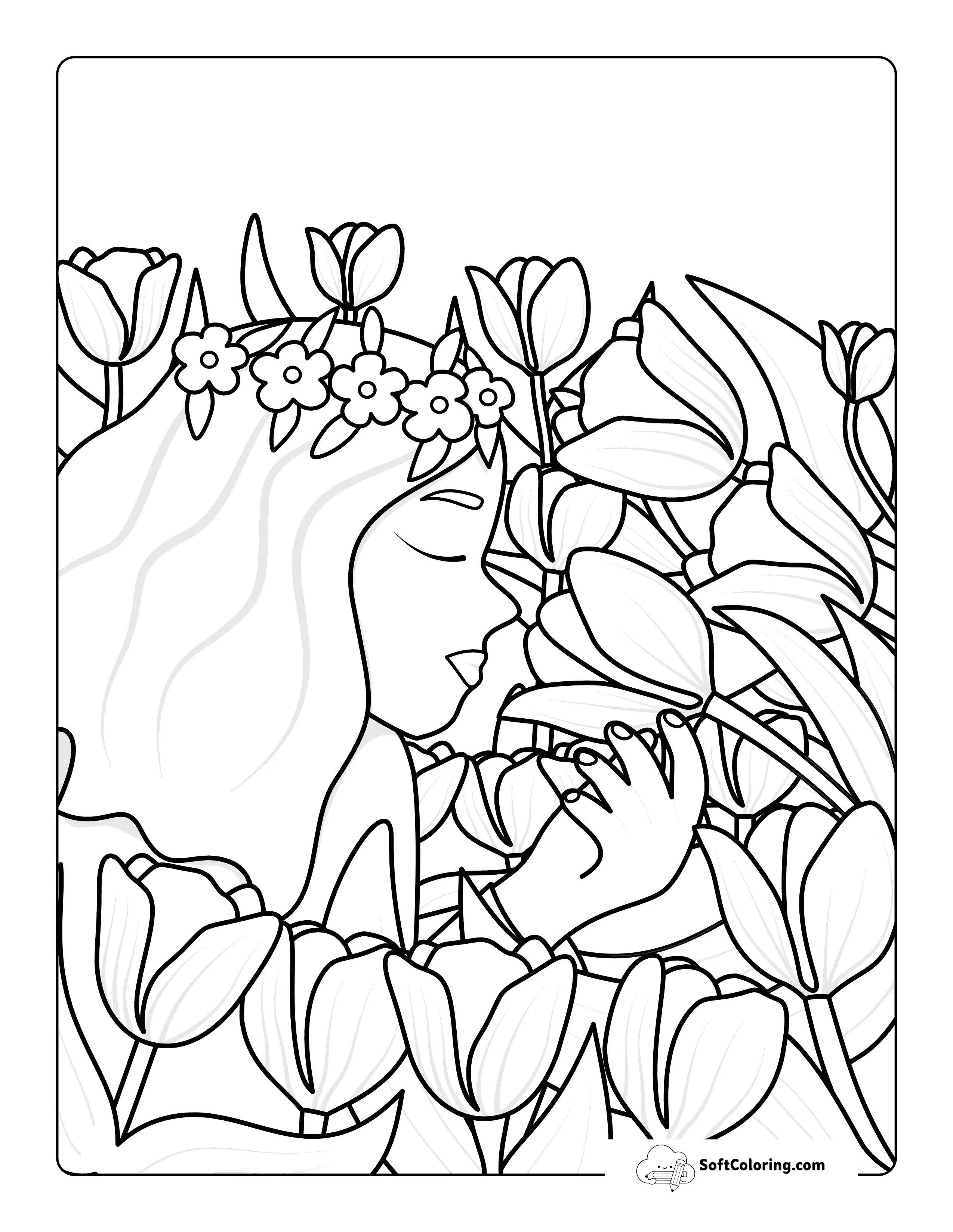 Woman Smelling Tulips Coloring Page Printable