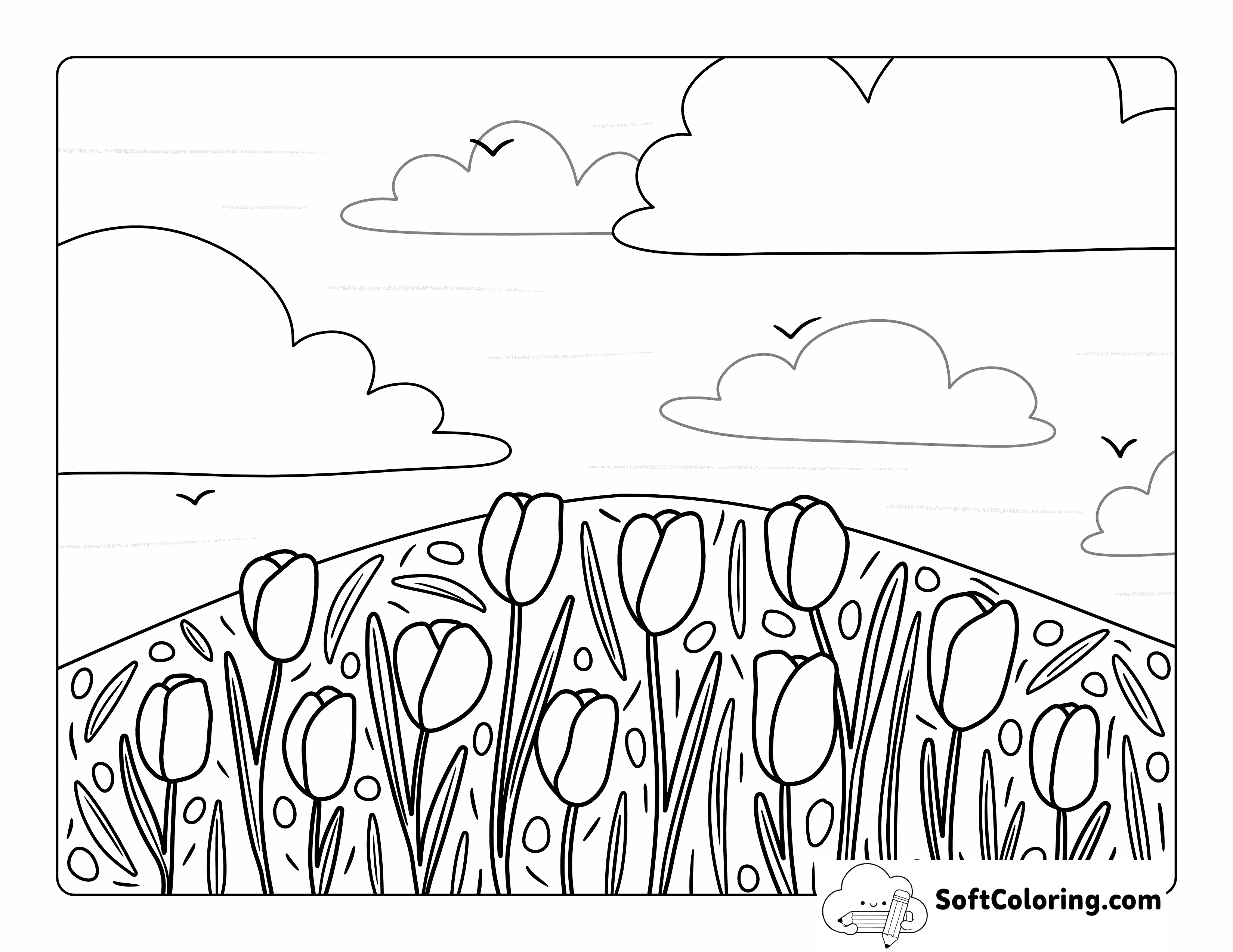 Easy Field of Tulips Printable to Color