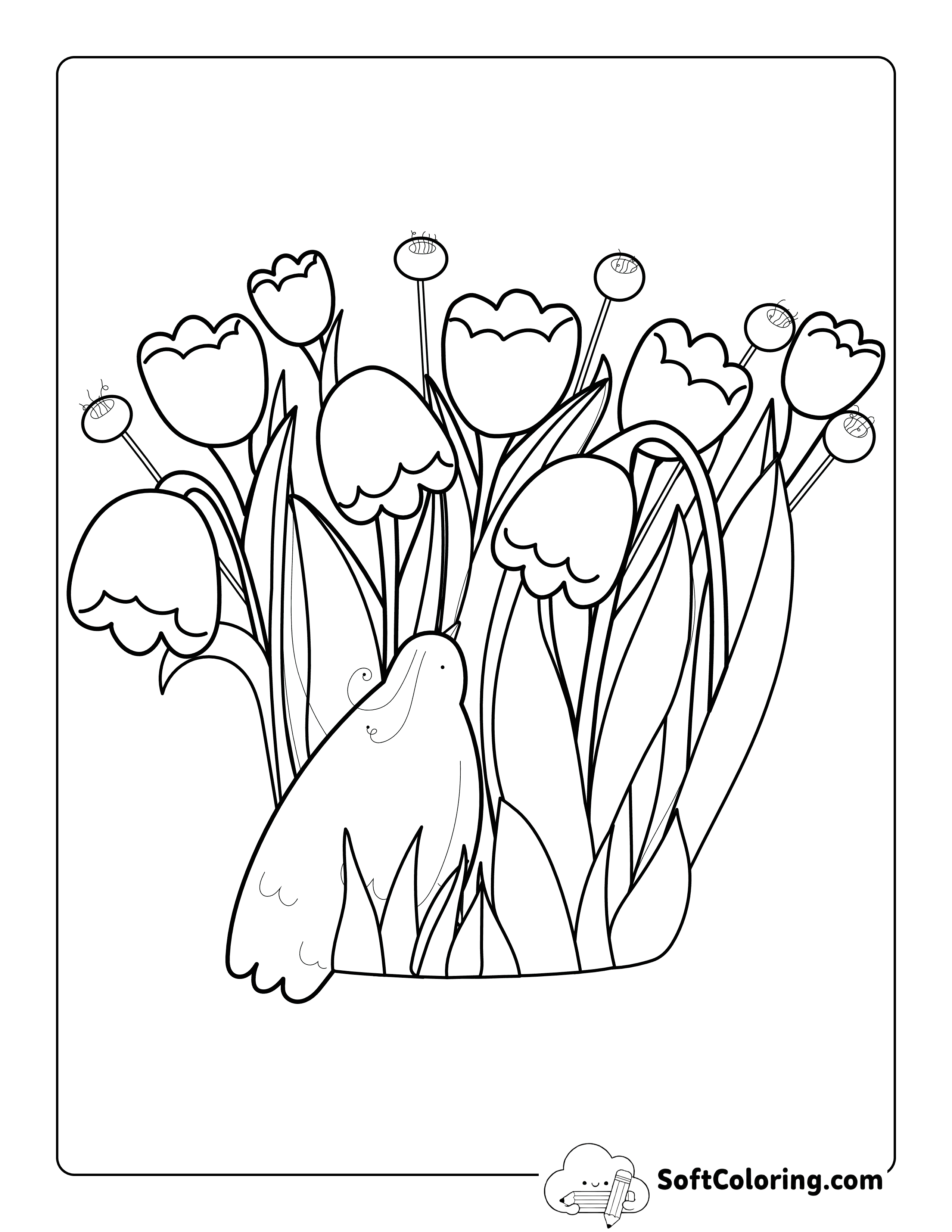 Cute Bird and Tulips Coloring Page
