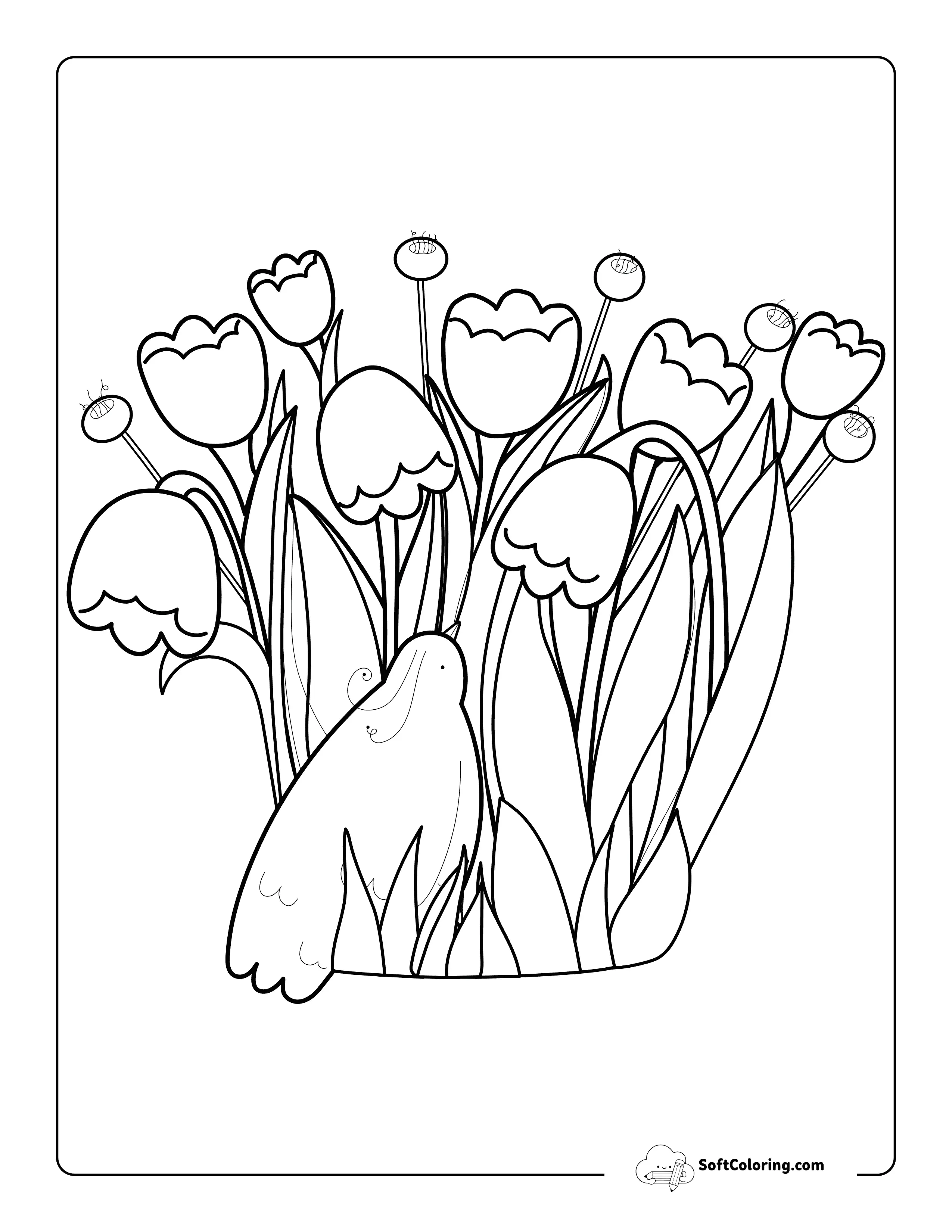Cute Bird And Tulips Coloring Page