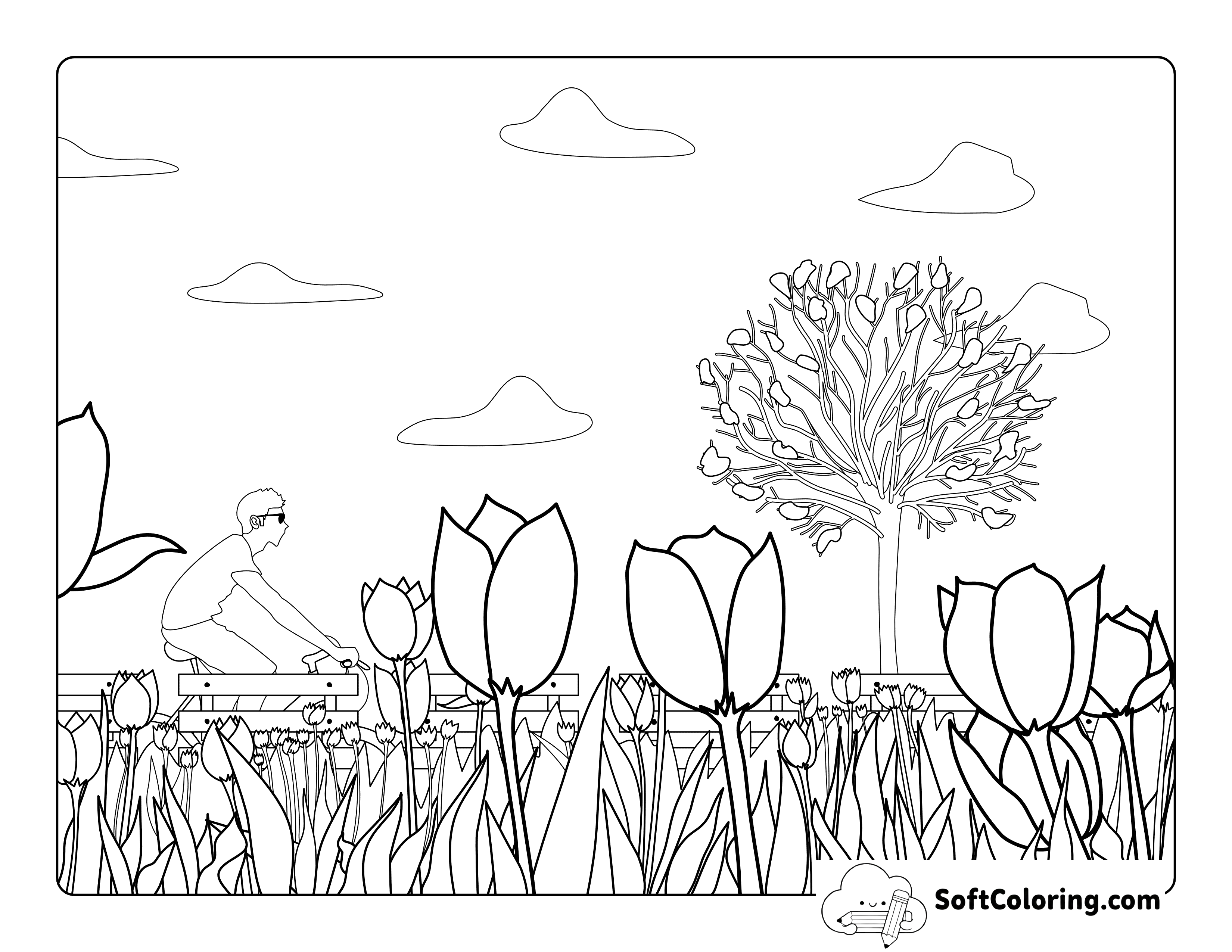 Cyclist and Field of Tulips Coloring Page
