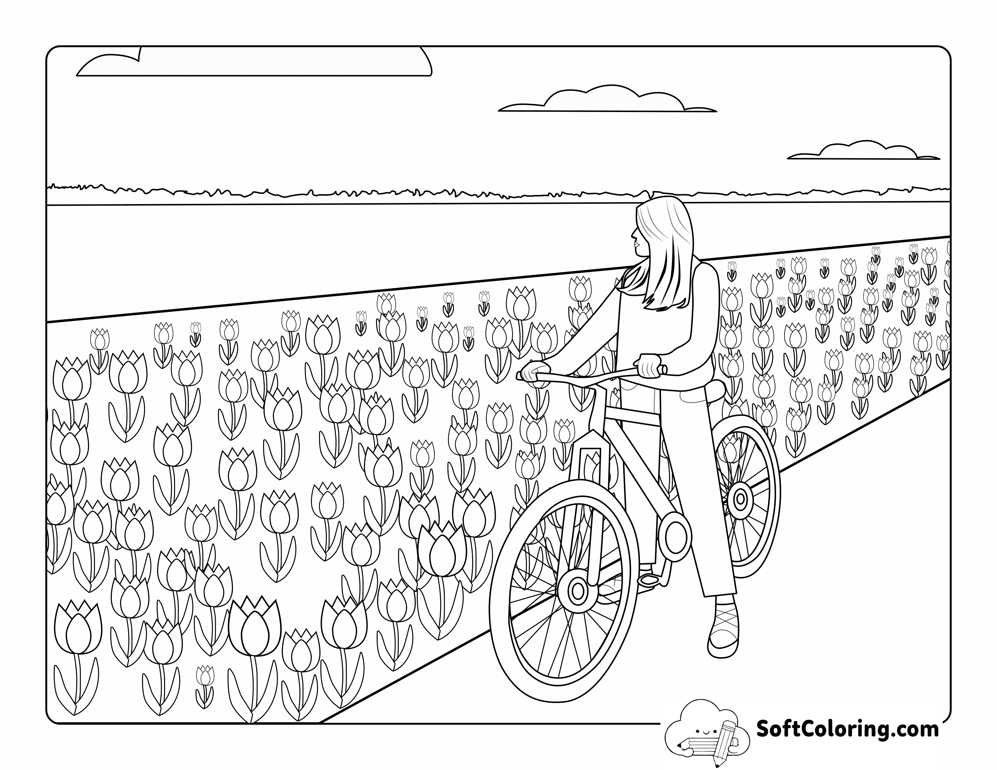 Biking Past Garden of Tulips Coloring Sheet