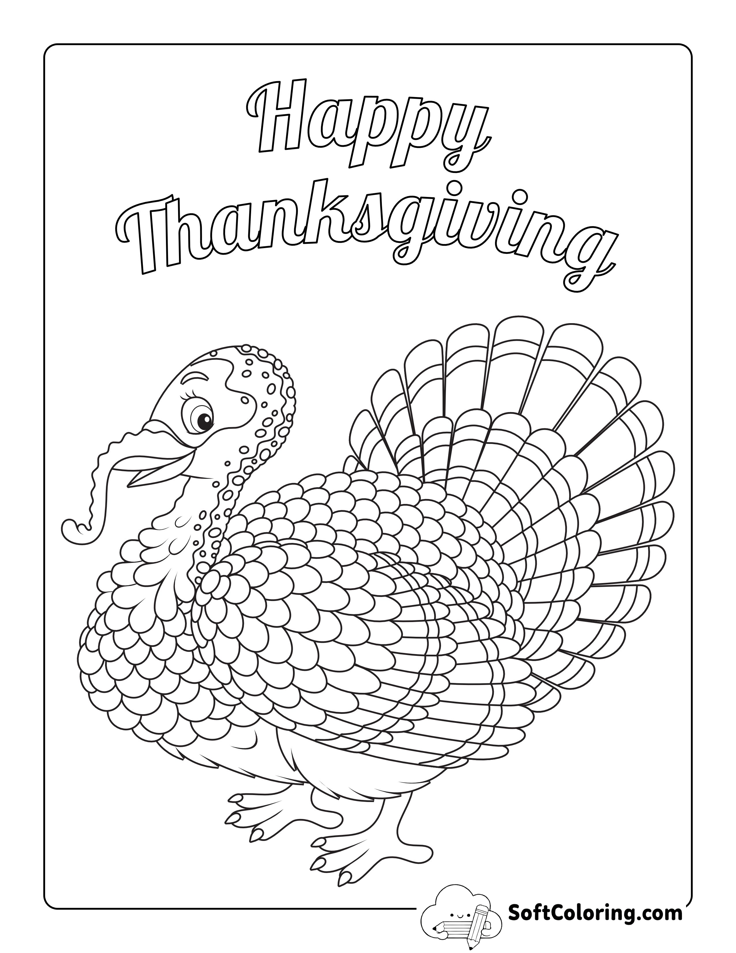 "Happy Thanksgiving" Detailed Turkey Coloring Page