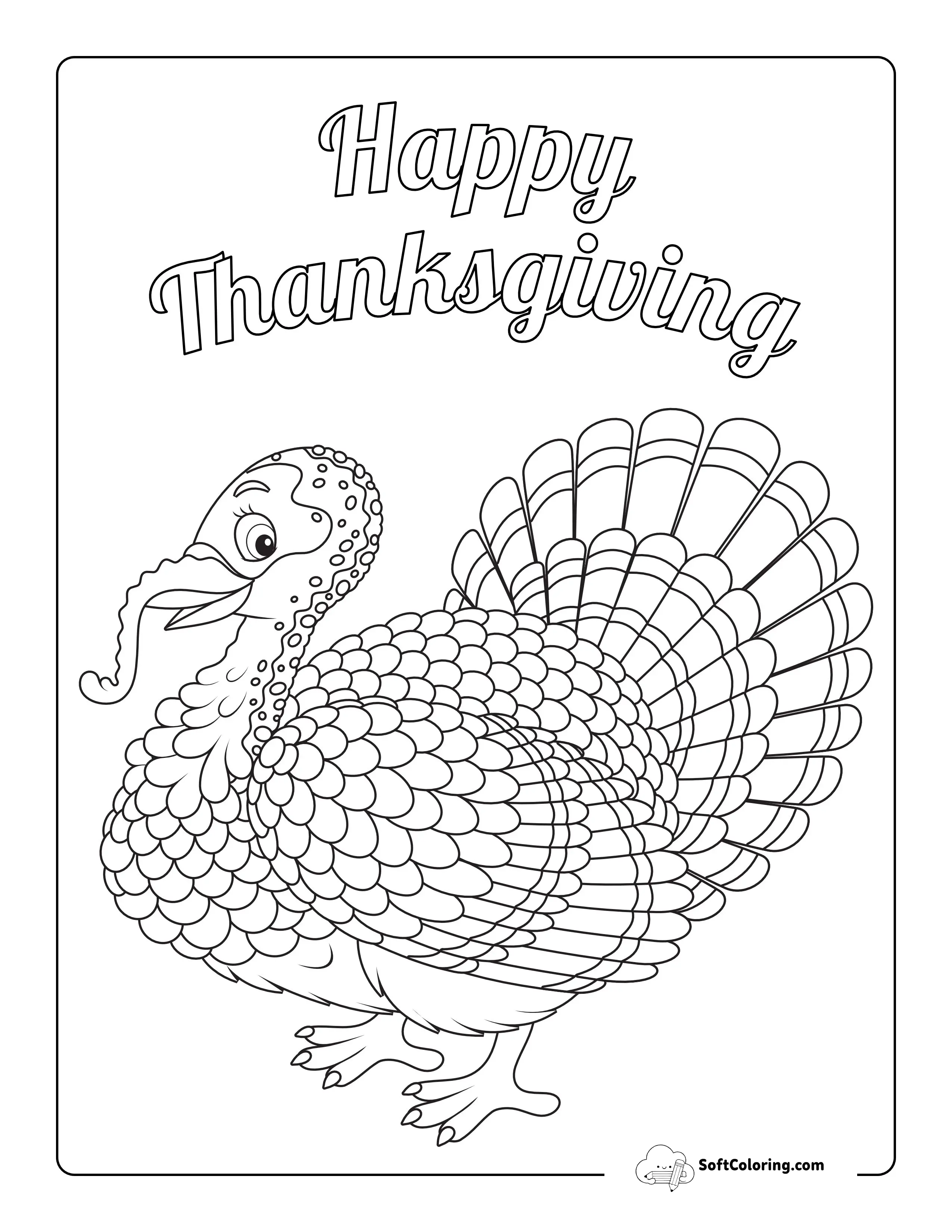 "Happy Thanksgiving" Detailed Turkey Coloring Page