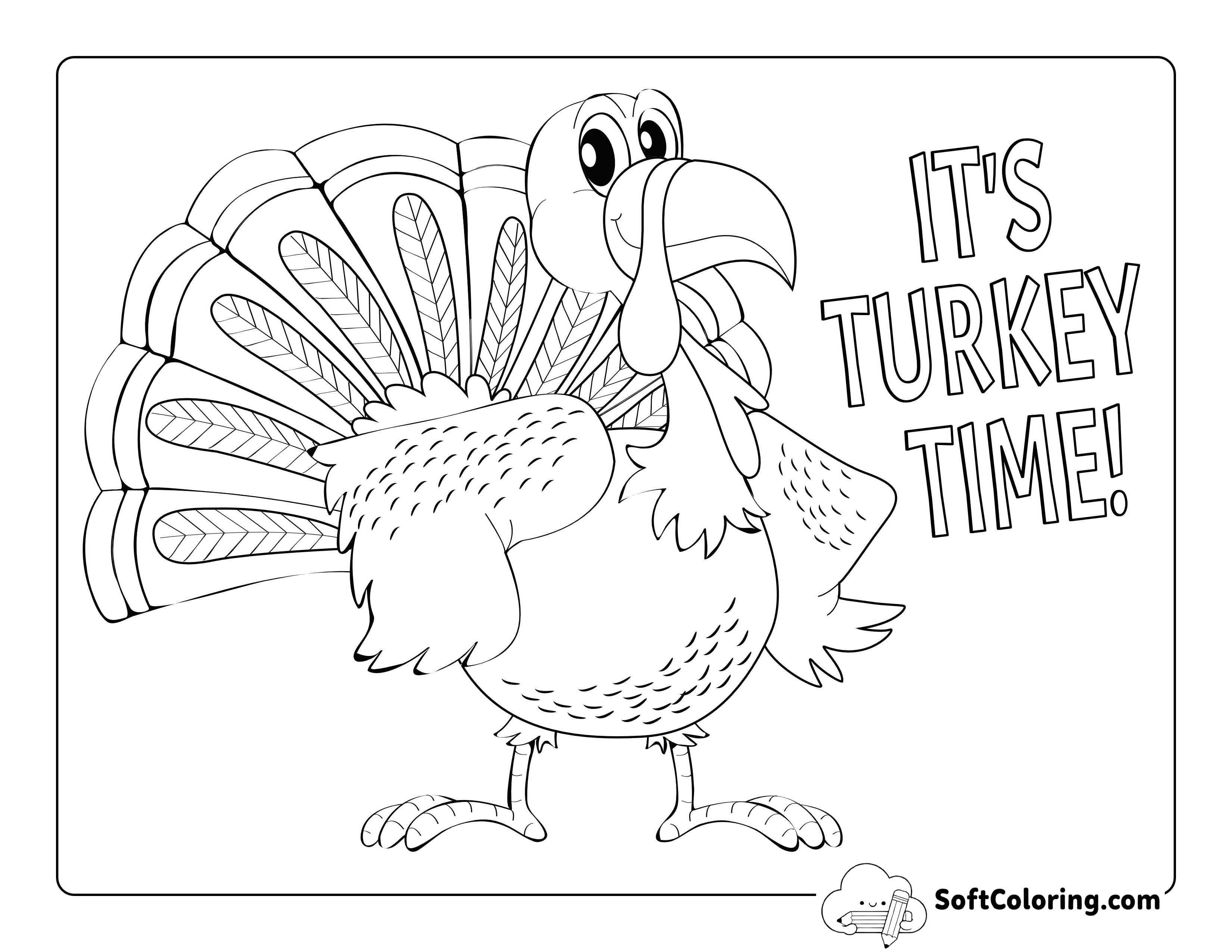 "It's Turkey Time!" Cartoon Turkey Coloring Page