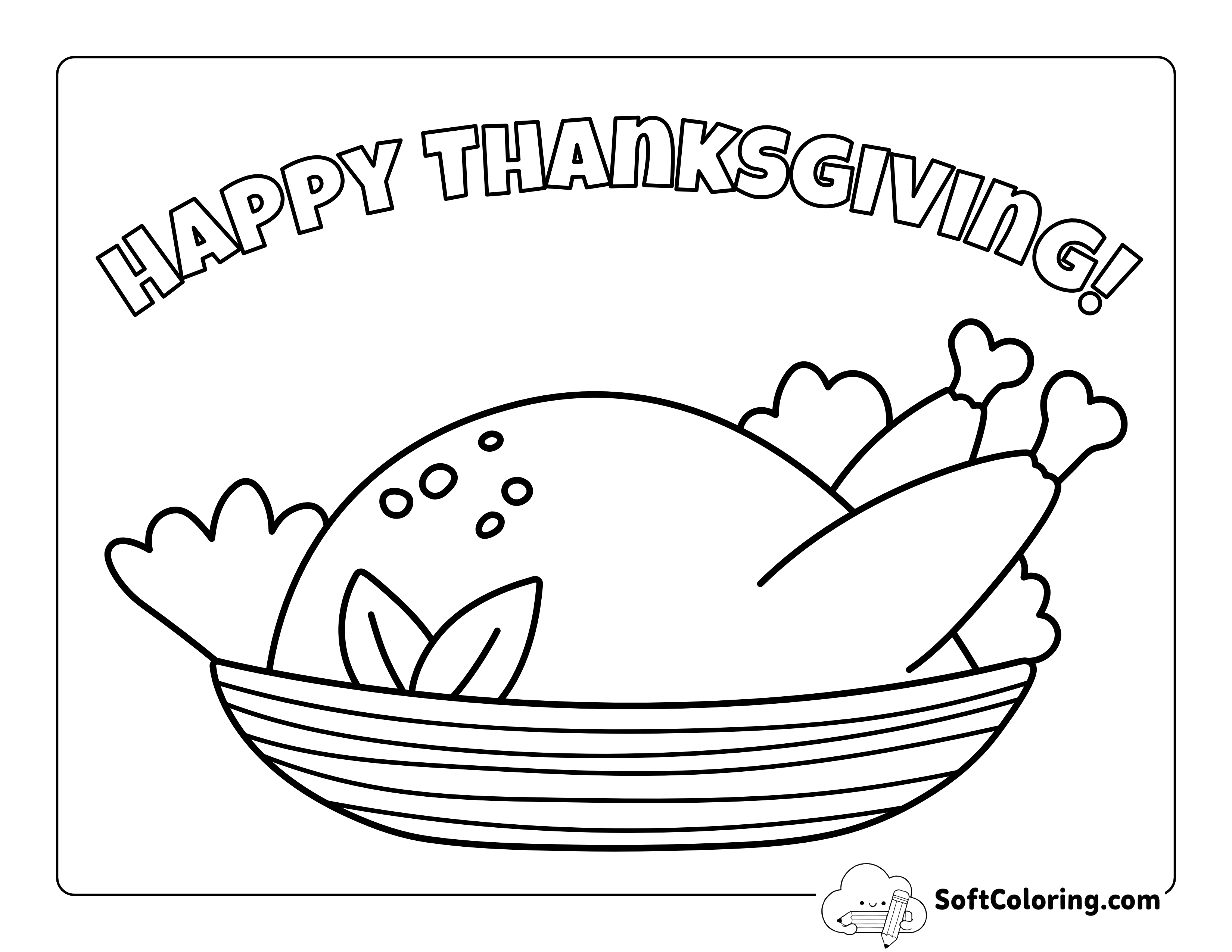 "Happy Thanksgiving" Cooked Turkey Coloring Page for Kids