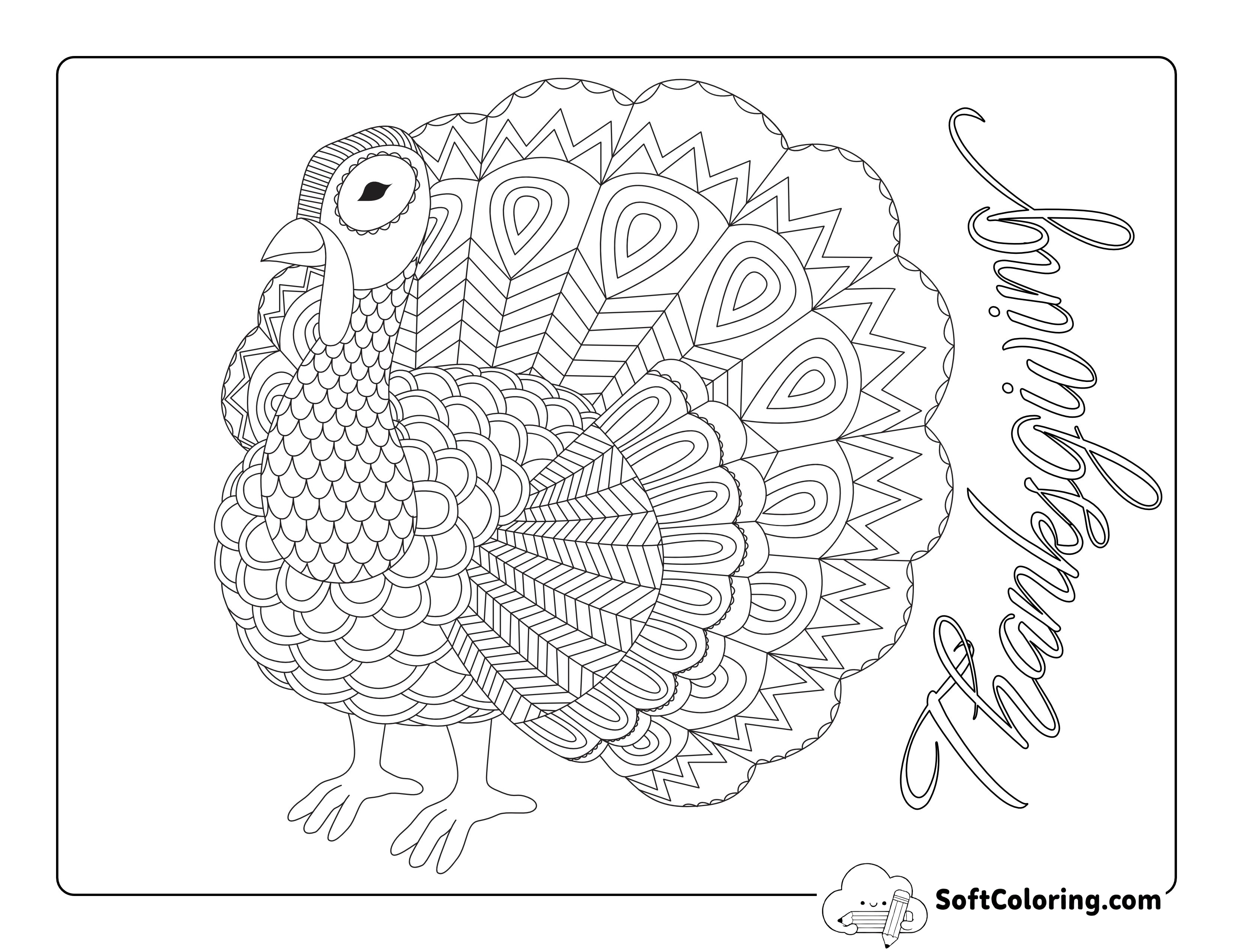 "Thanksgiving" Turkey Zentangle Coloring Page for Adults