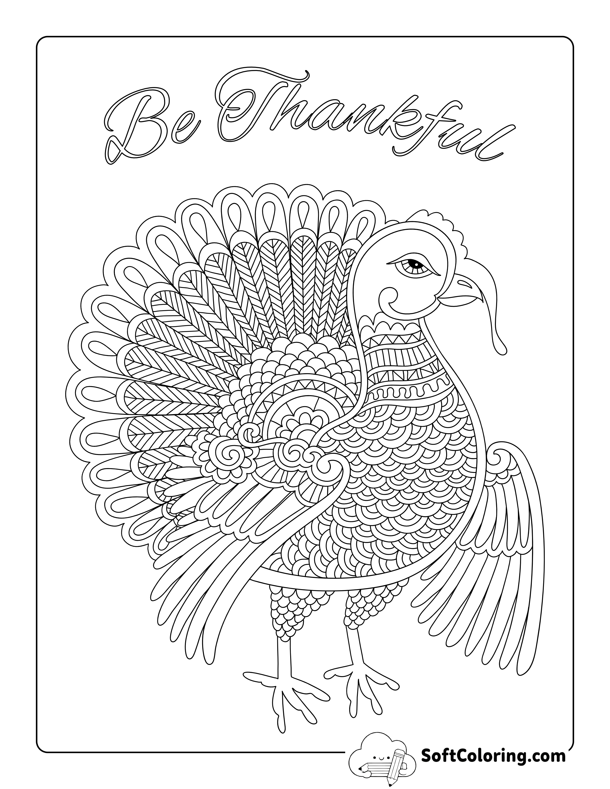 "Be Thankful" Turkey Coloring Page for Adults