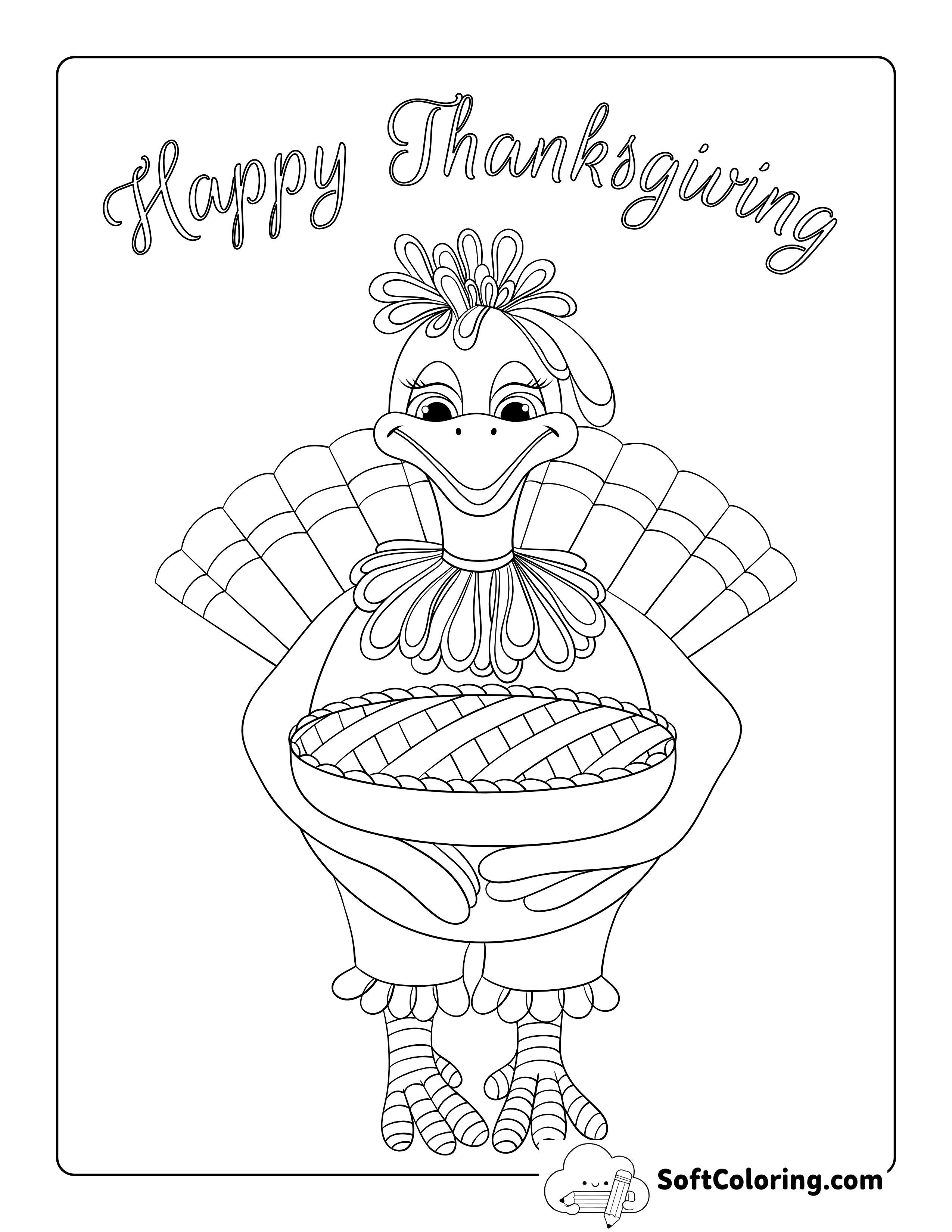 "Happy Thanksgiving" Turkey with Pie Coloring Page