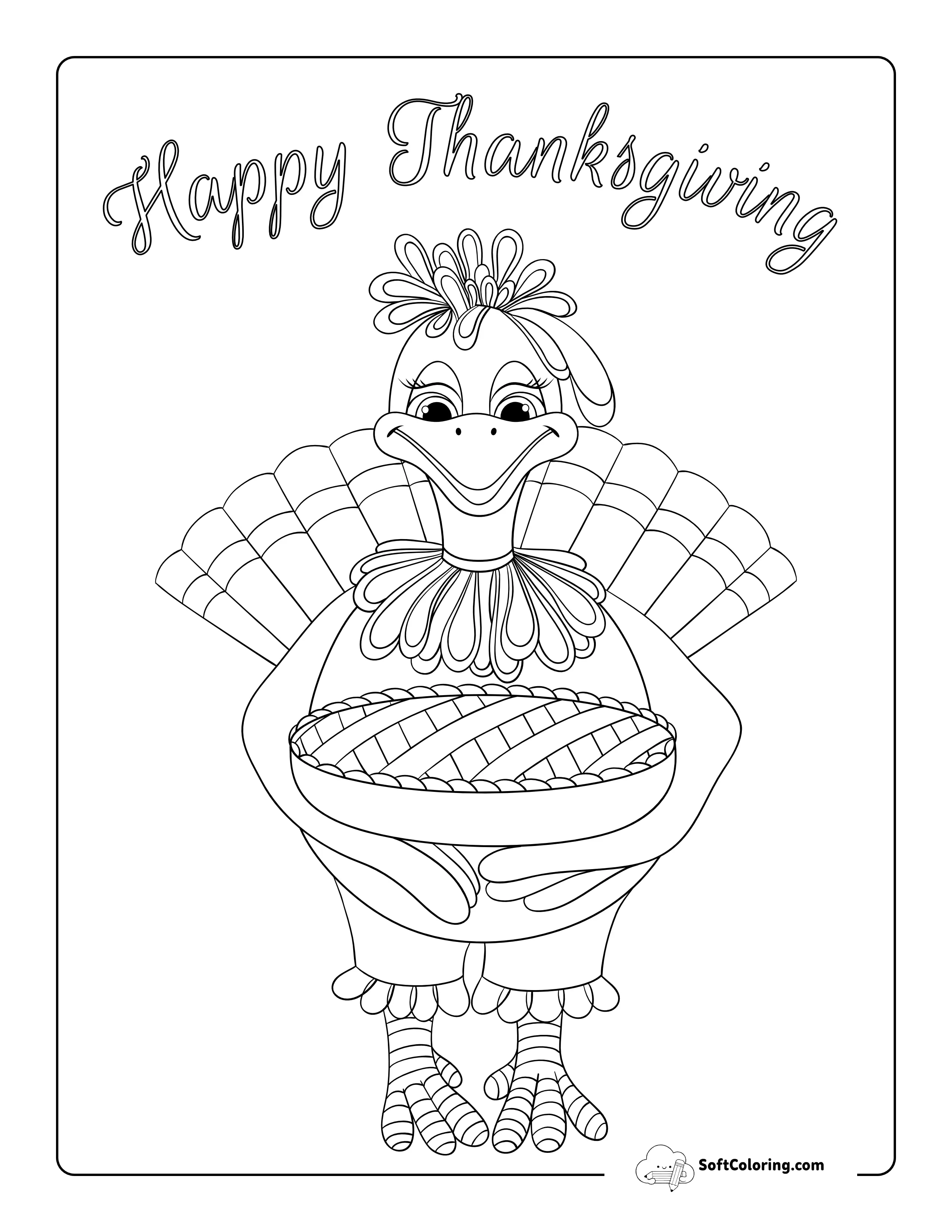 "Happy Thanksgiving" Turkey With Pie Coloring Page